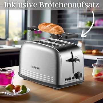 STEINBORG Toaster SB-2071, 2 kurze Schlitze, für 2 Scheiben, 850 W, Edelstahl Gehäuse,Brötchenaufsatz,Krümelschublade