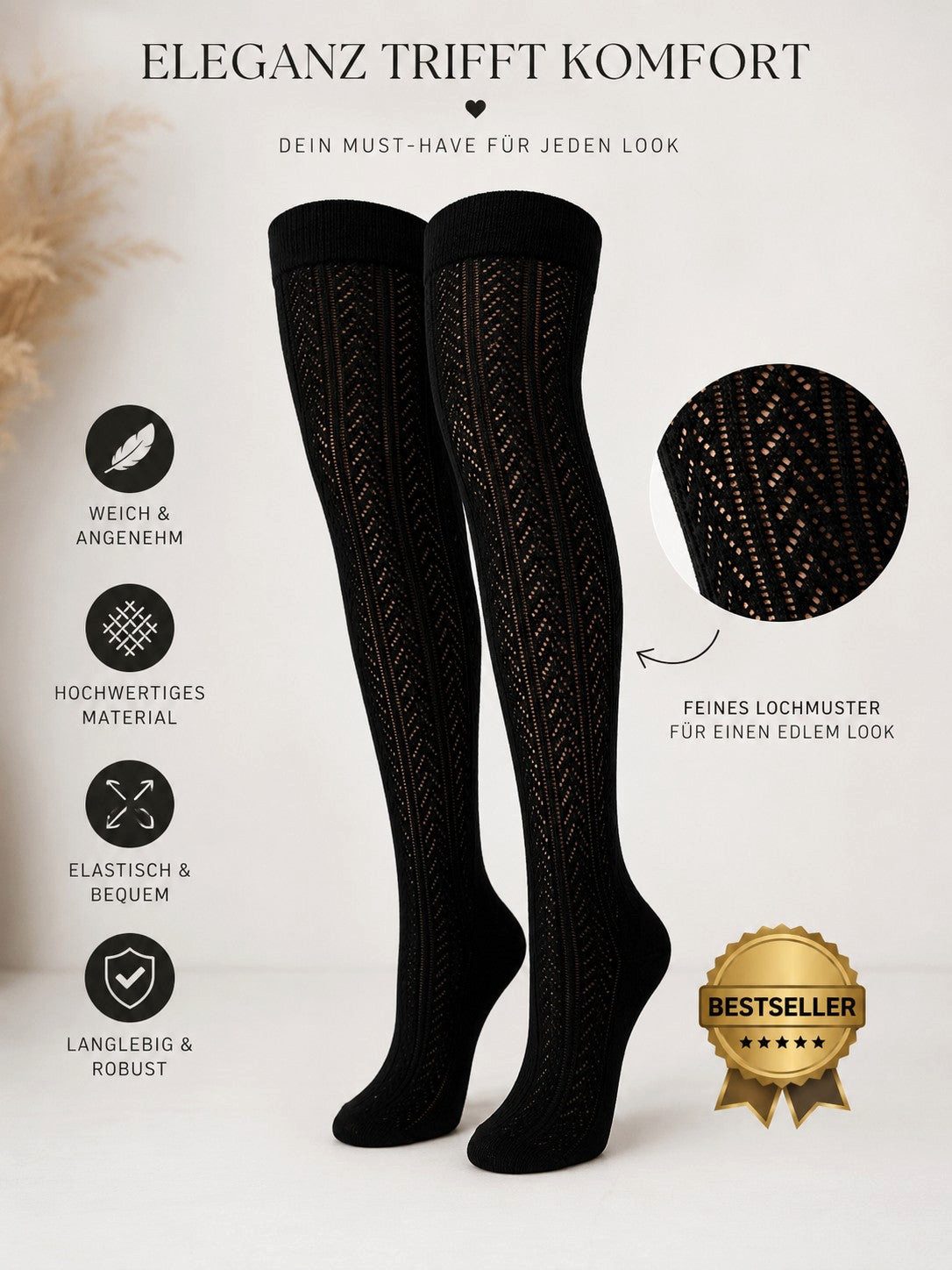Lycille Overknees Baumwoll Overknee-Strümpfe 37/41 mit Fischgrätenmuster – Viele Farben