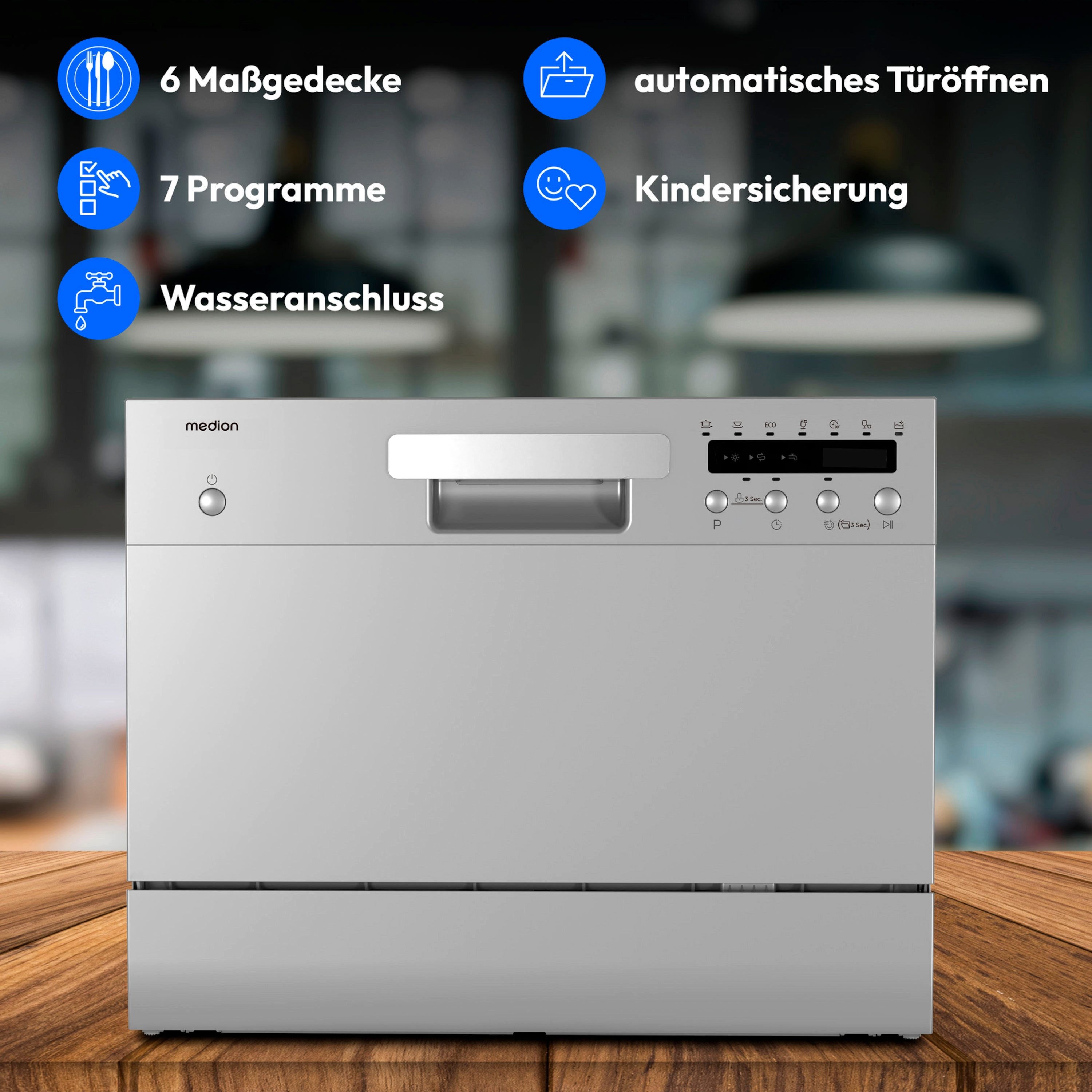 Medion® Tischgeschirrspüler MD37496, 6 Maßgedecke, mit/ohne Wasseranschluss, 7 Reinigungsprogramme, freistehend, silber