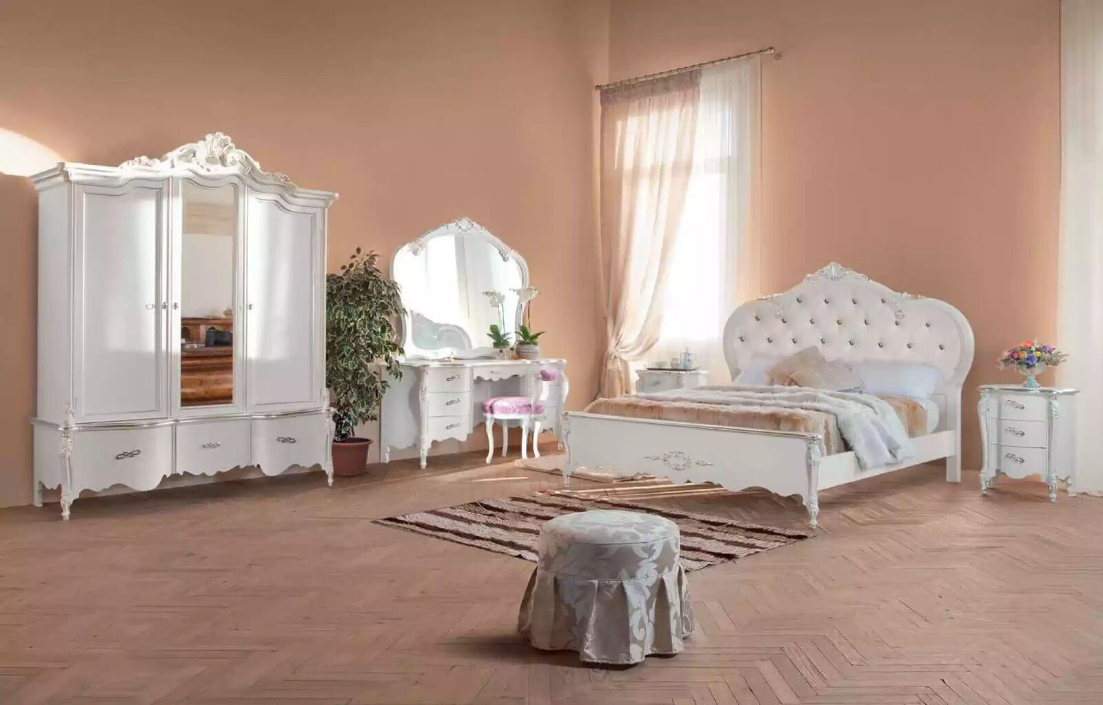 JVmoebel Schlafzimmer-Set Komplettes Schlafzimmermöbel-Set Weiße Klassische Möbel-Set 8tlg neu, (7-St., Bett, Kleiderschrank, Spiegel, 2x Nachttische, Schminktisch, Hocker), Made in Europa