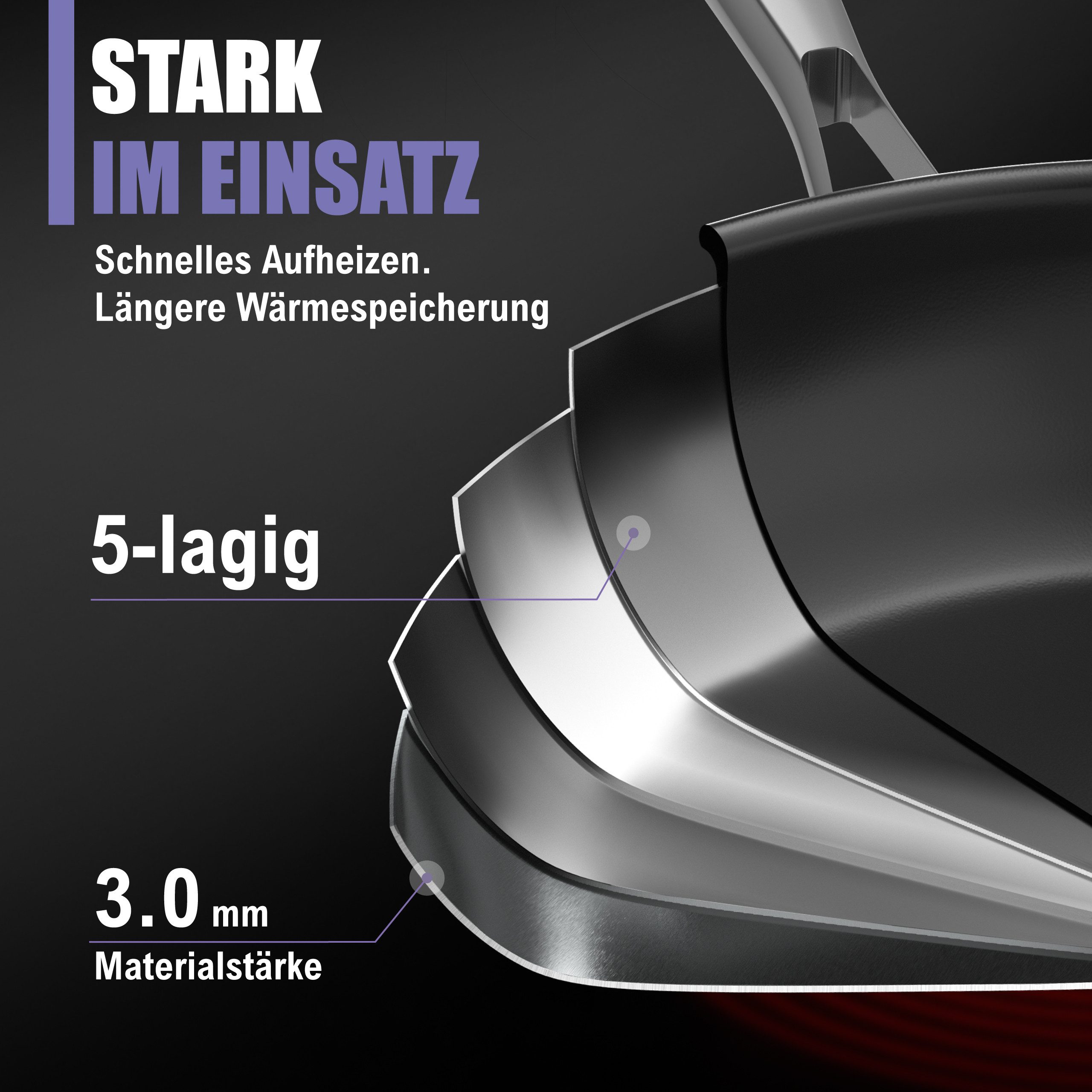 Morleos Bratpfanne Keramikpfanne Ø 24cm, Vollbeschichtet, 5-Schicht - 3mm, Edelstahl (Cerasana), 5-Schicht, 3mm, 1kg, backofenfest, spülmaschinengeeignet, Antih – Bild 3 von 5