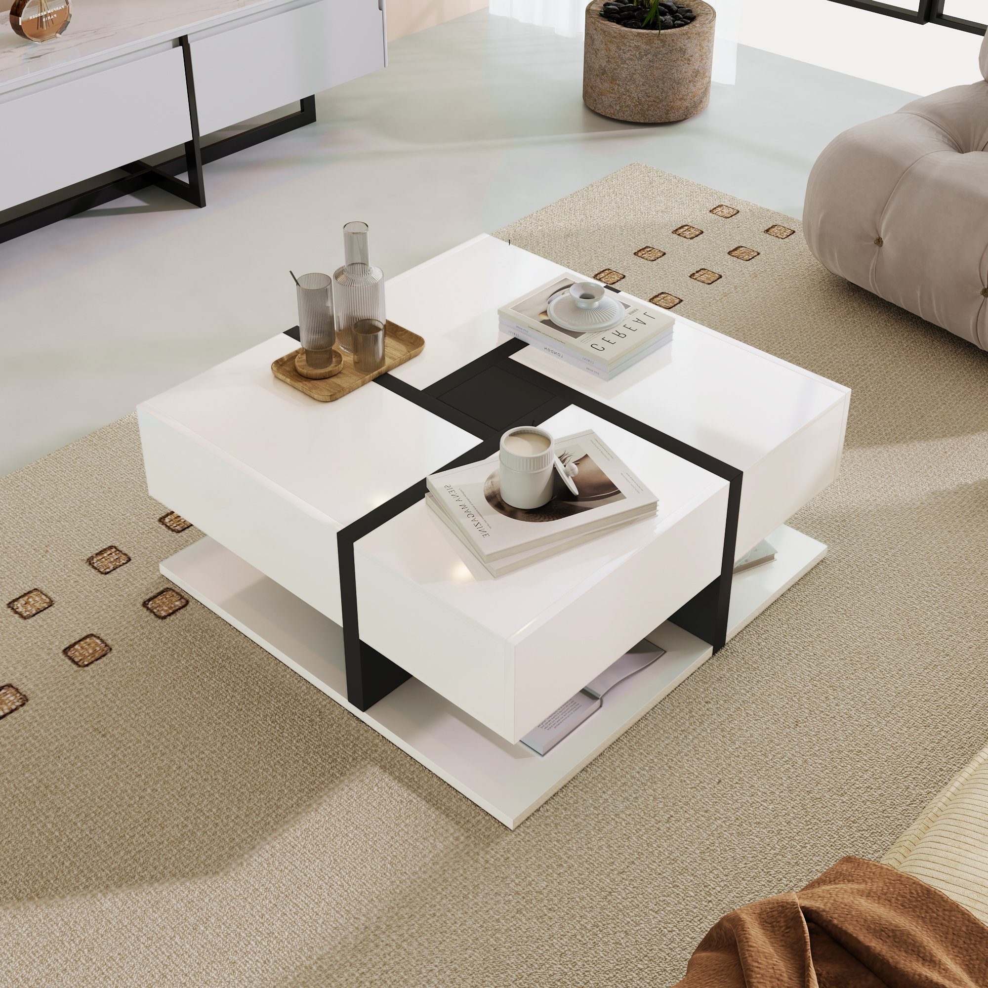 Merax Couchtisch mit versteckten Schubladen, Beistelltisch mit geometrische Design (1-St., 1 Tisch), Wohnzimmetisch mit Holzmaserung in eichefarbe, B/H/T: 78/36 – Bild 4 von 5