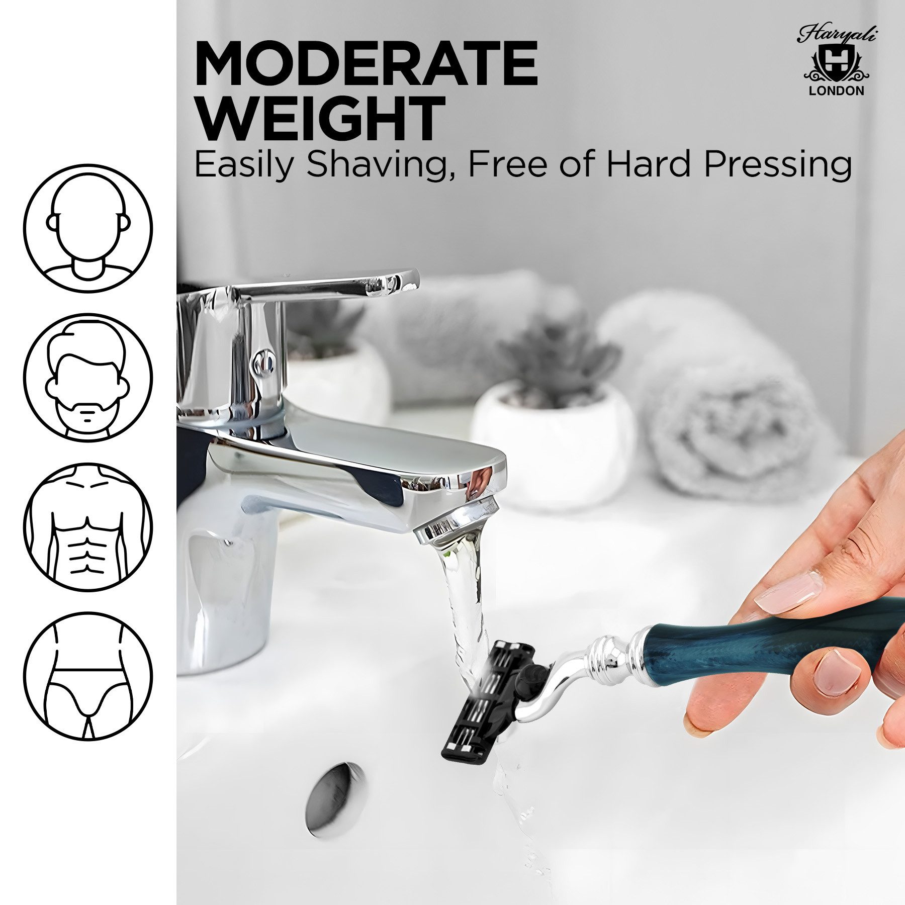 Haryali London Nassrasierer Premium 3-Klingen Herrenrasierer, Ergonomischer Herrenrasierer, Blau, Packung, Verstellbarer Rasierer mit hochwertiger Messing Harzbeschichtung, Abwaschbarer,rutschfester Griff.Passend für alle Mach 3 Rasierklingen.