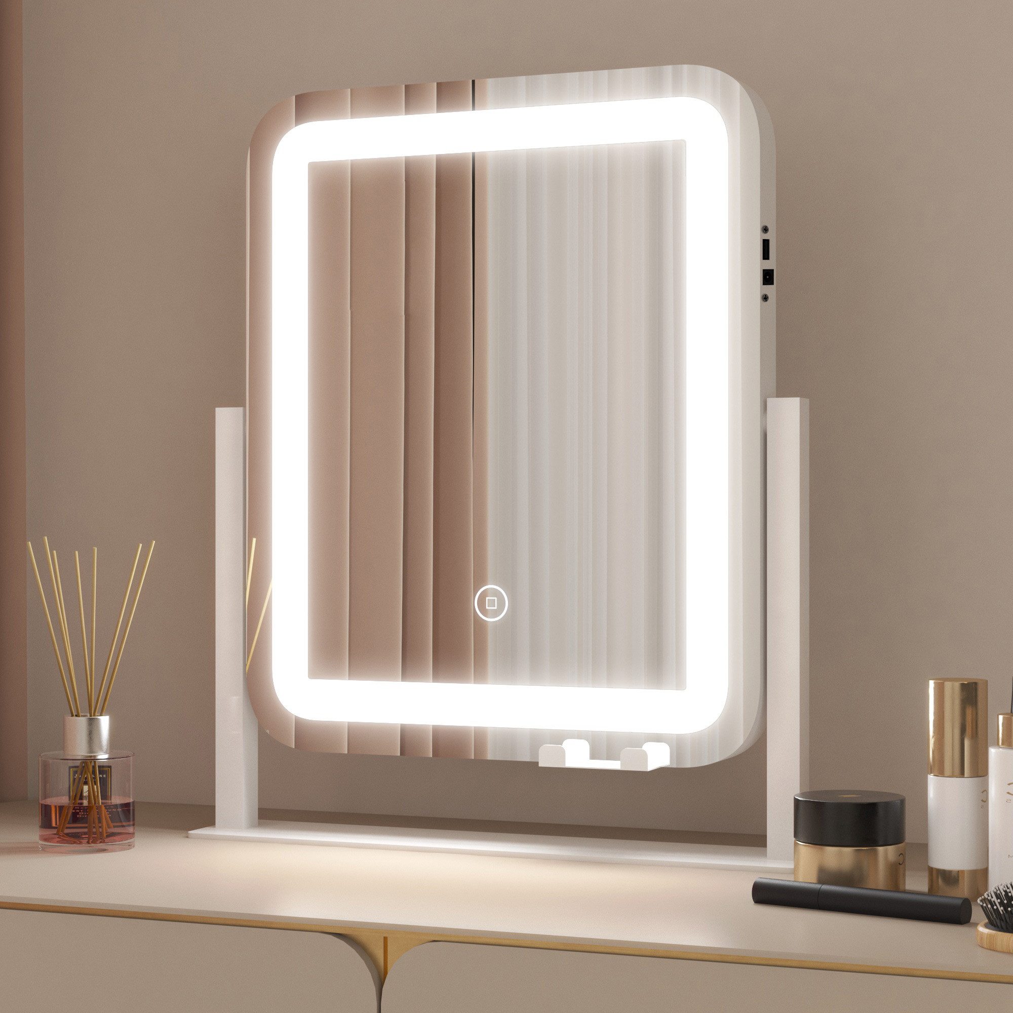 WDWRITTI Kosmetikspiegel Schminkspiegel mit licht & Handyhalterung & USB-Ladeanschluss (Tischspiegel, 3Lichtmodi, Dimmbar, Speicherfunktion, Touch), 360° Drehbar, mit Netzadapter