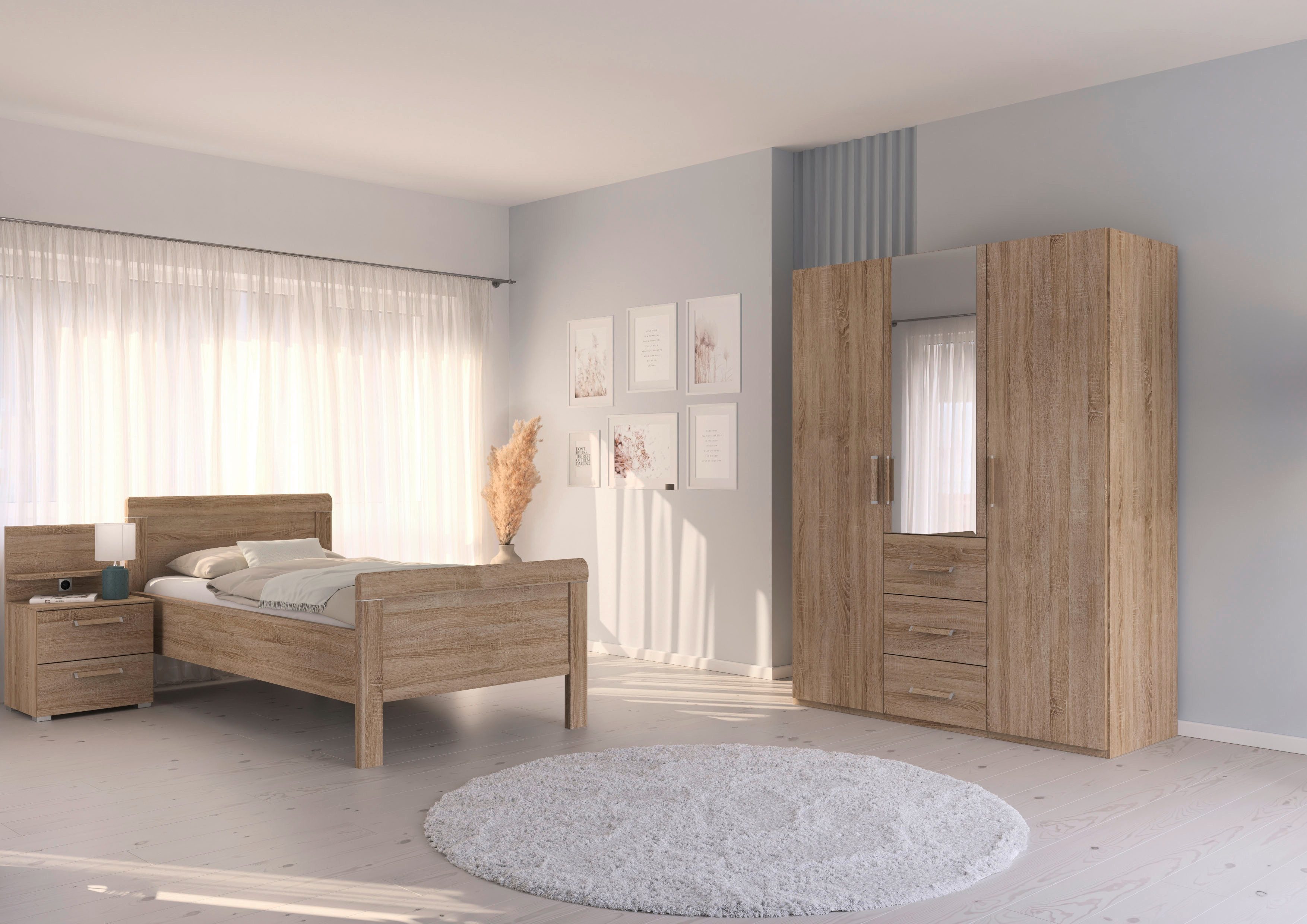 rauch Schlafzimmer-Set Komplettschlafzimmer Schlafzimmer EVELYN, (Set, 3-tlg., inkl. SOFT-CLOSE-FUNKTION), Schrank und Bett in 2 Breiten, Nachttisch mit Paneel MADE IN GERMANY