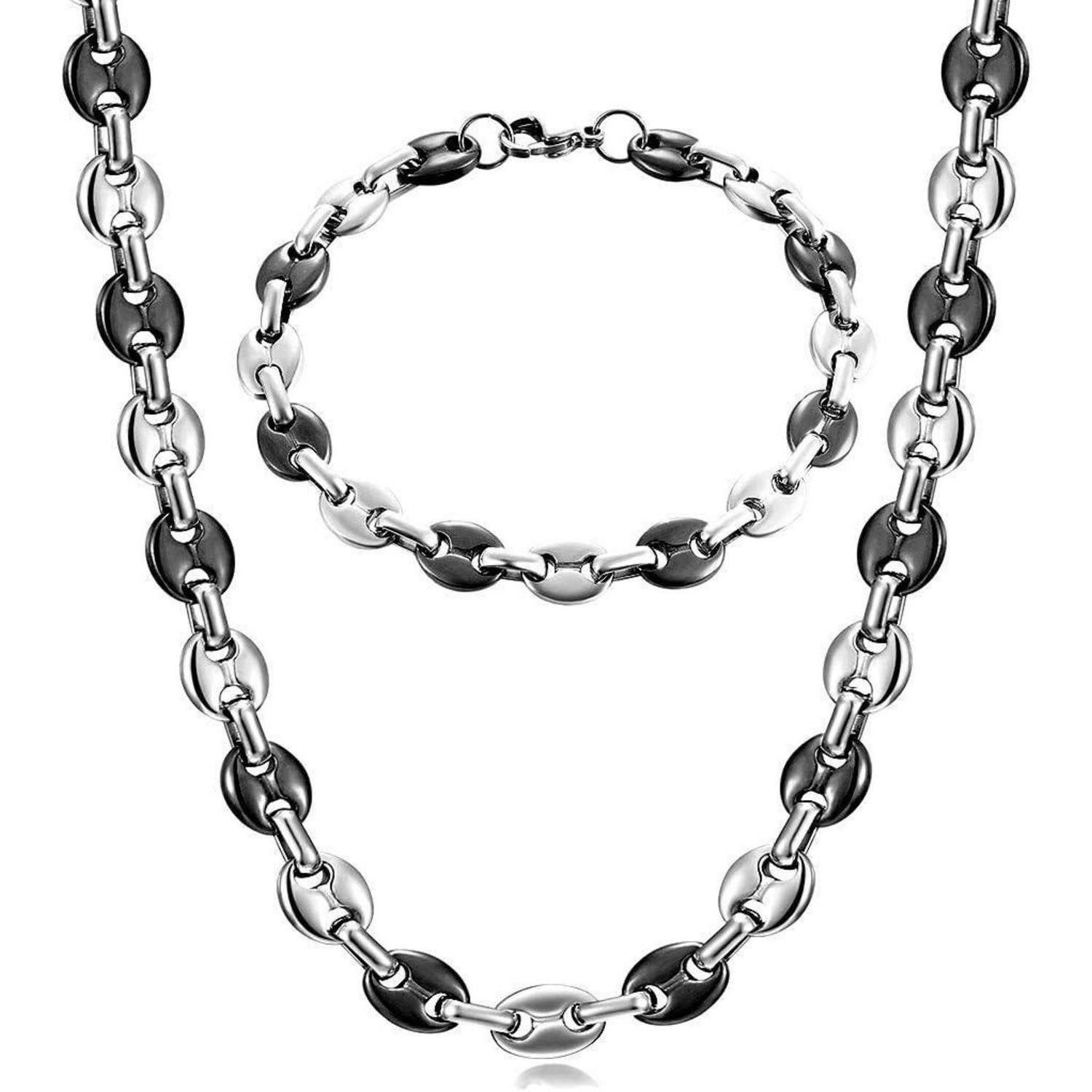 Ketten und Armband Set Halskette Armband Set Herren Edelstahl Kaffeebohne Silber Schwarz 56CM