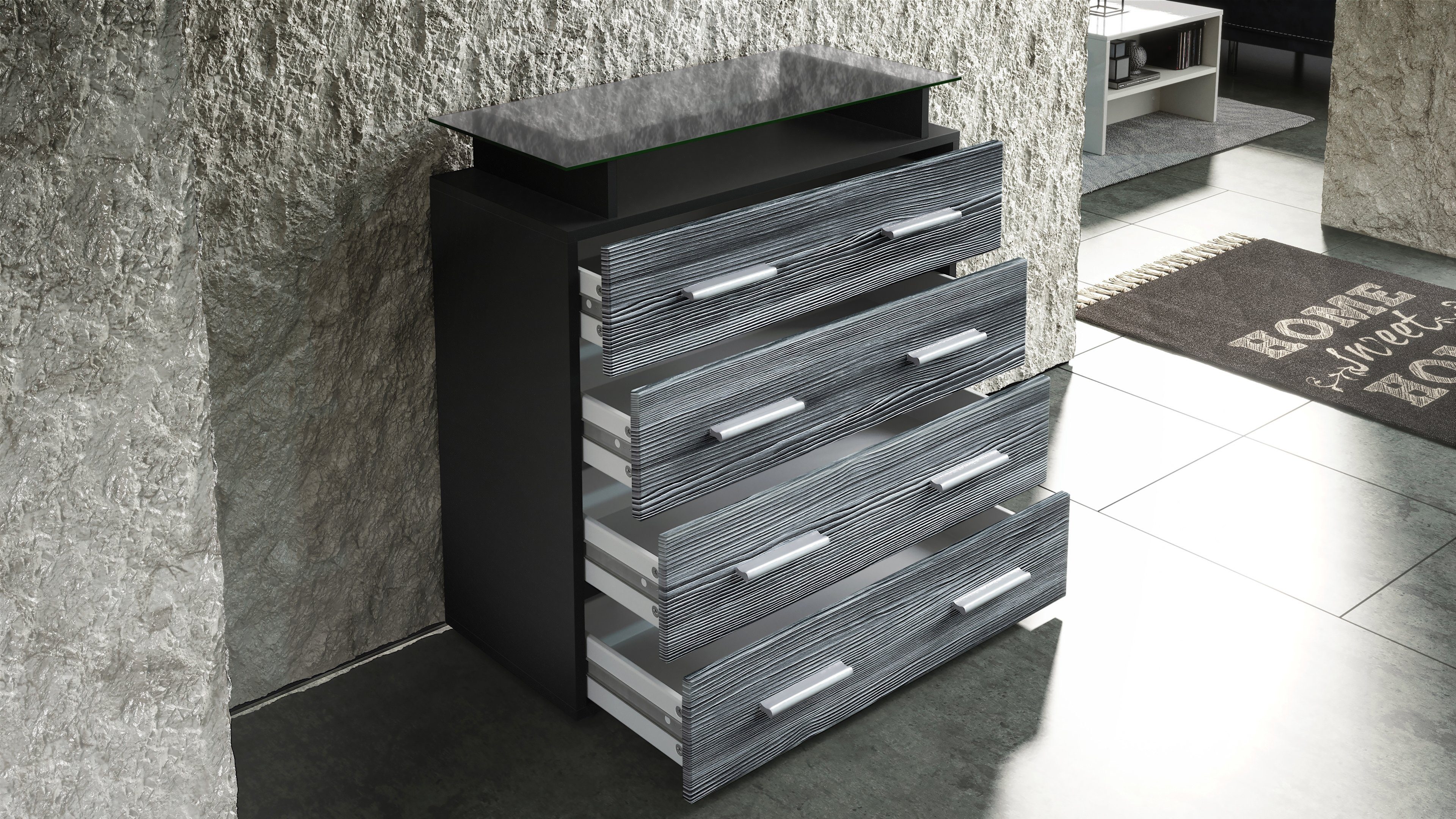 Vladon Kommode Pavos V2 (Kommode, mit 4 Schubladen und Glasablage), Schwarz matt/Schwarz Hochglanz (76 x 81 x 35 cm)