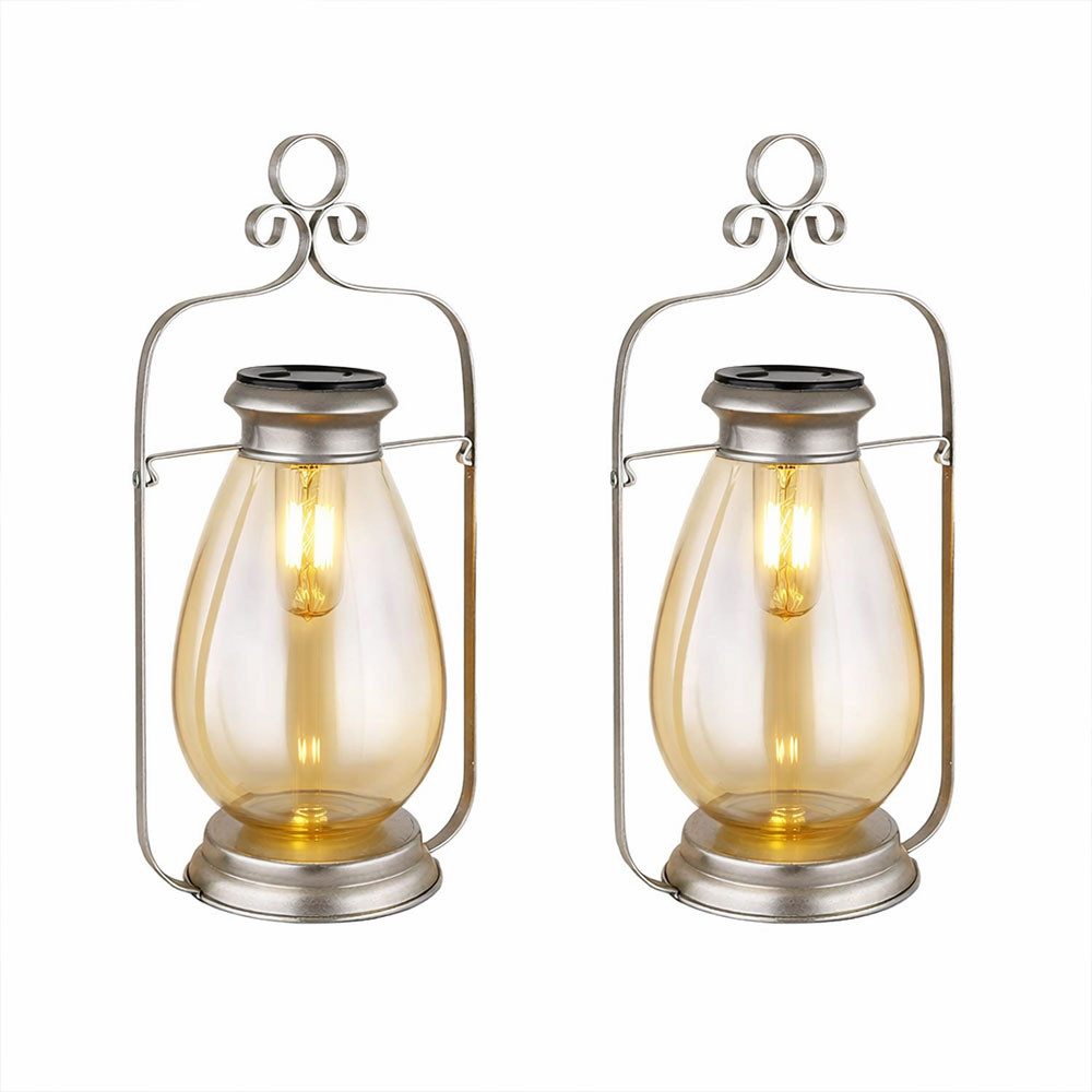 GLOBO LIGHTING LED Solarleuchte, LED-Leuchtmittel fest verbaut, Warmweiß, 2x Solarleuchte Laterne Außenlampe LED Gartendeko Glas amber