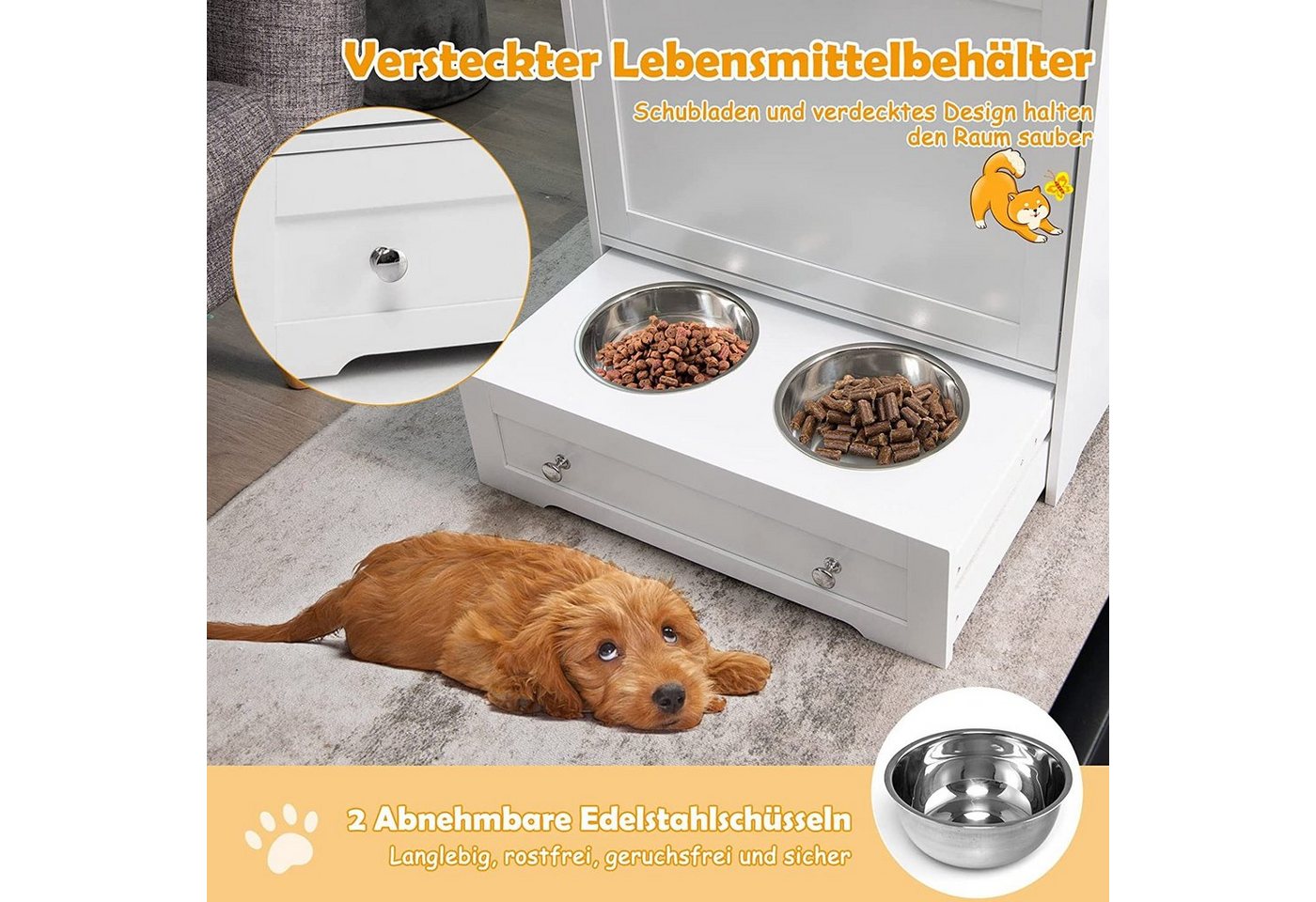 Thumbnail - COSTWAY Futterstation 2 in 1 Lagerschrank, mit 2 Edelstahlnäpfen