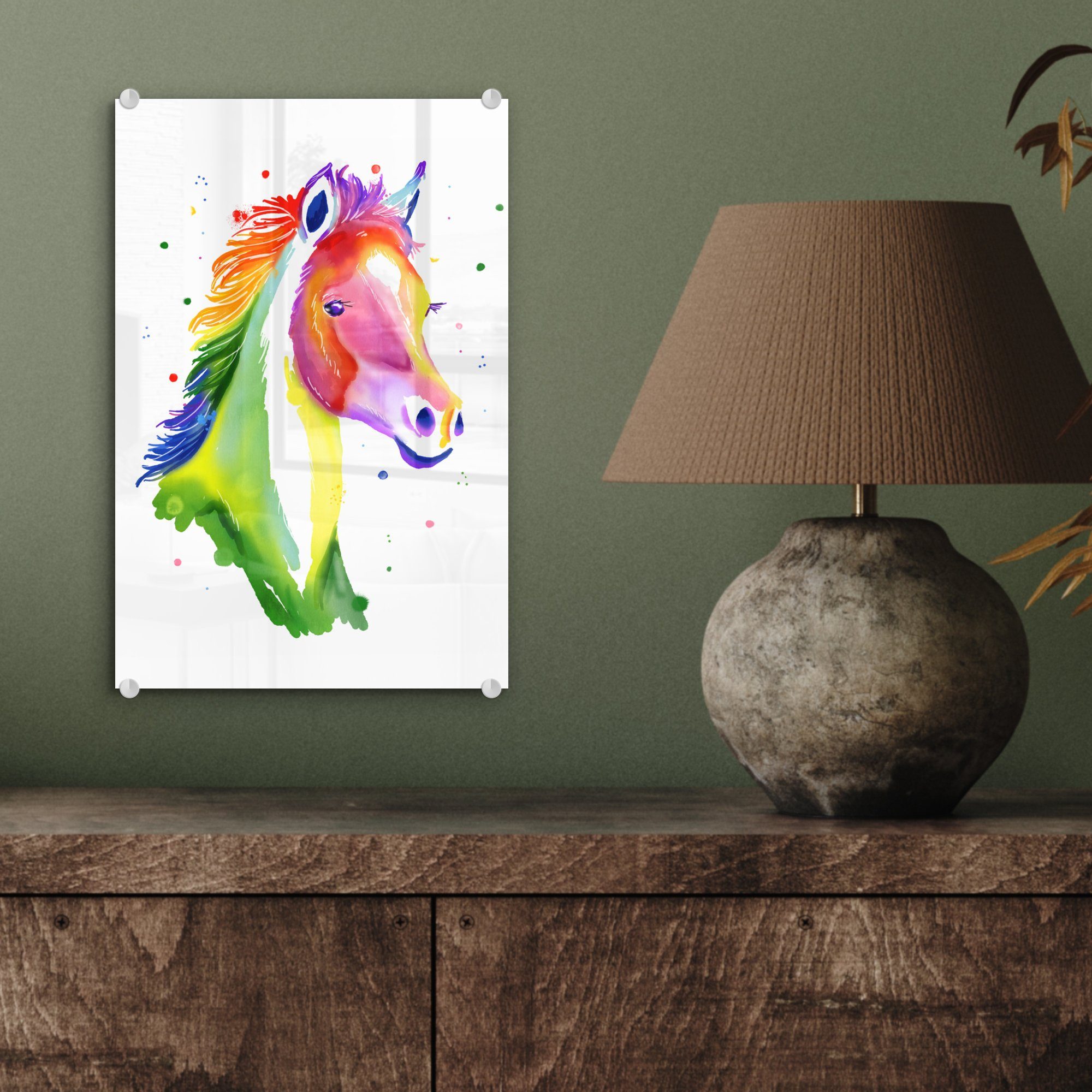 MuchoWow Acrylglasbild Pferd Kinder Mädchen Regenbogen - - - - - Wandbild Bilder - - Glasbilder auf Glas Mädchen, auf St), Weiß Foto - Wanddekoration (1 Glas