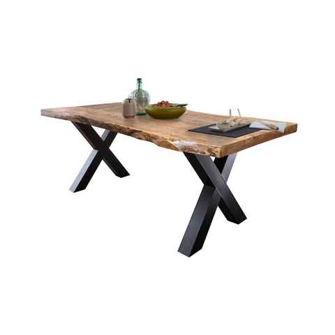 Massivart® Baumkantentisch TOMASO / Massivholz Mango / 55 mm Tischplatte, Standbeine als X-Gestell / Metall schwarz lackiert / Industrial Look