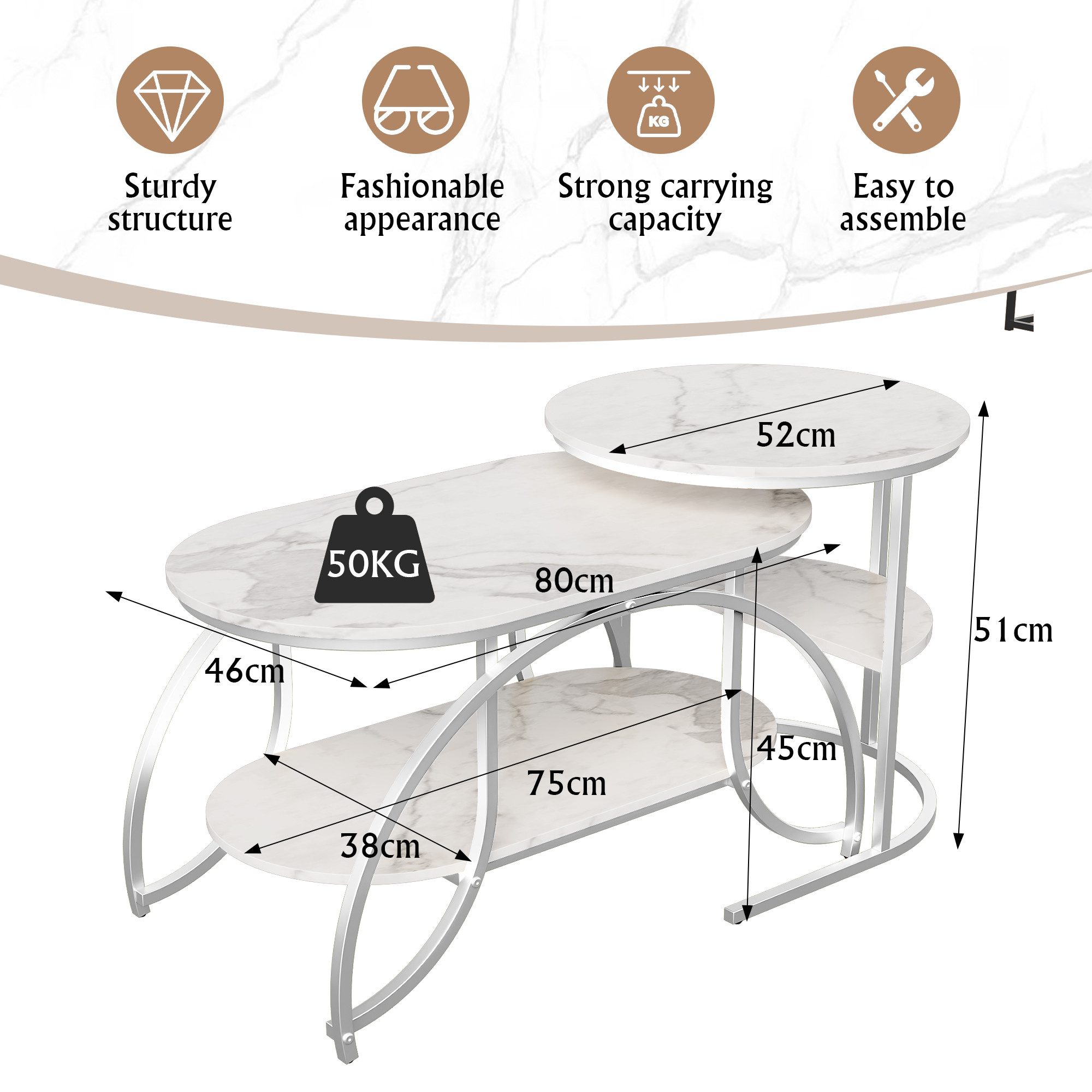 Gdood Couchtisch Rund Kaffeetisch Beistelltisch Satztische 2er Set (2-St., Ideal für Wohnzimmer & Büro, Platzsparendes stapelbares Design), Mit Marmormuster Tischplatte, 80 x 46 x 45 cm + 52 x 51 cm