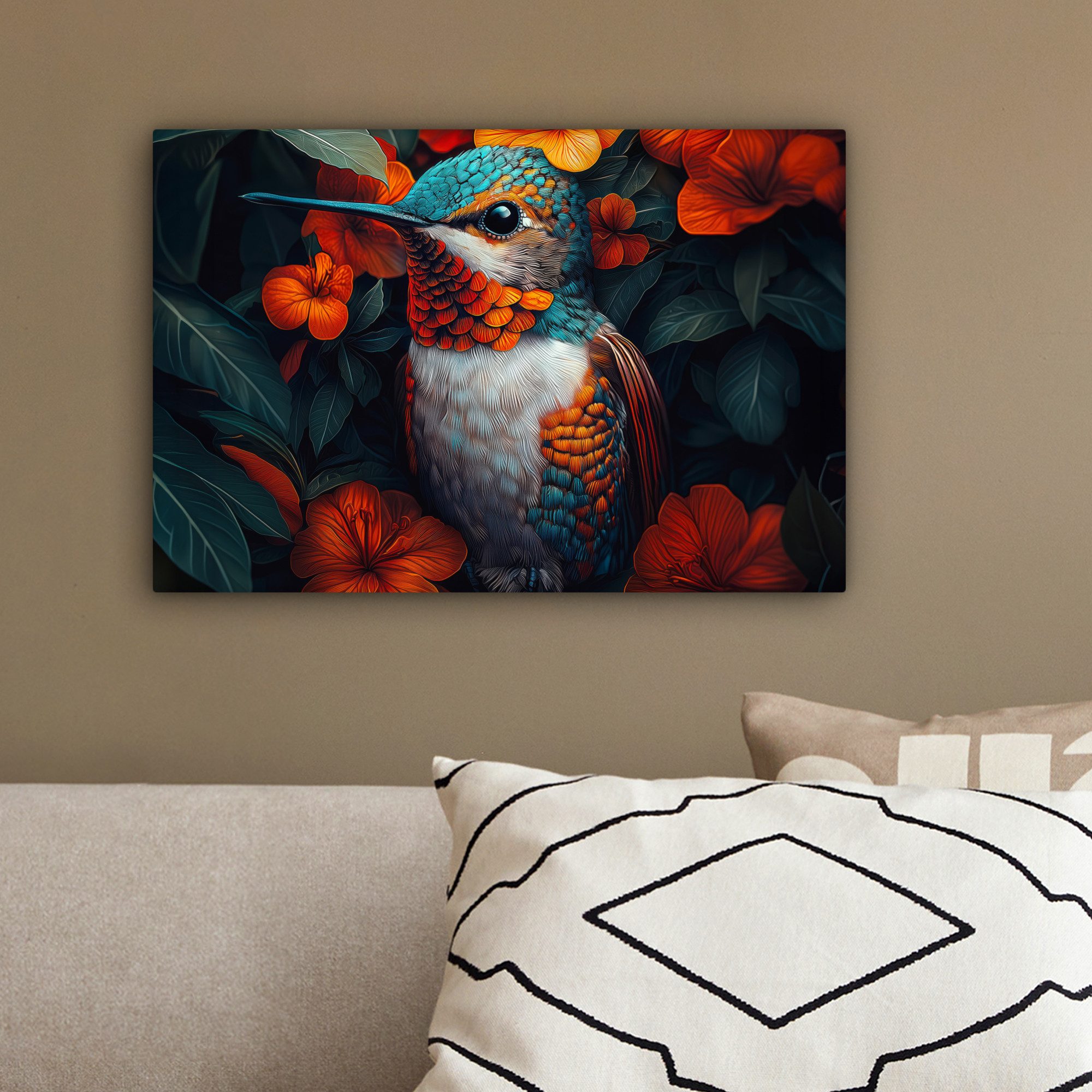 OneMillionCanvasses® Leinwandbild Kolibri - Vogel - Farbenfroh - Orange Blumen, Fotodruck (1 St), Leinwand Canvas Wandbild, Wanddekoration 20x30 cm – Bild 4 von 5