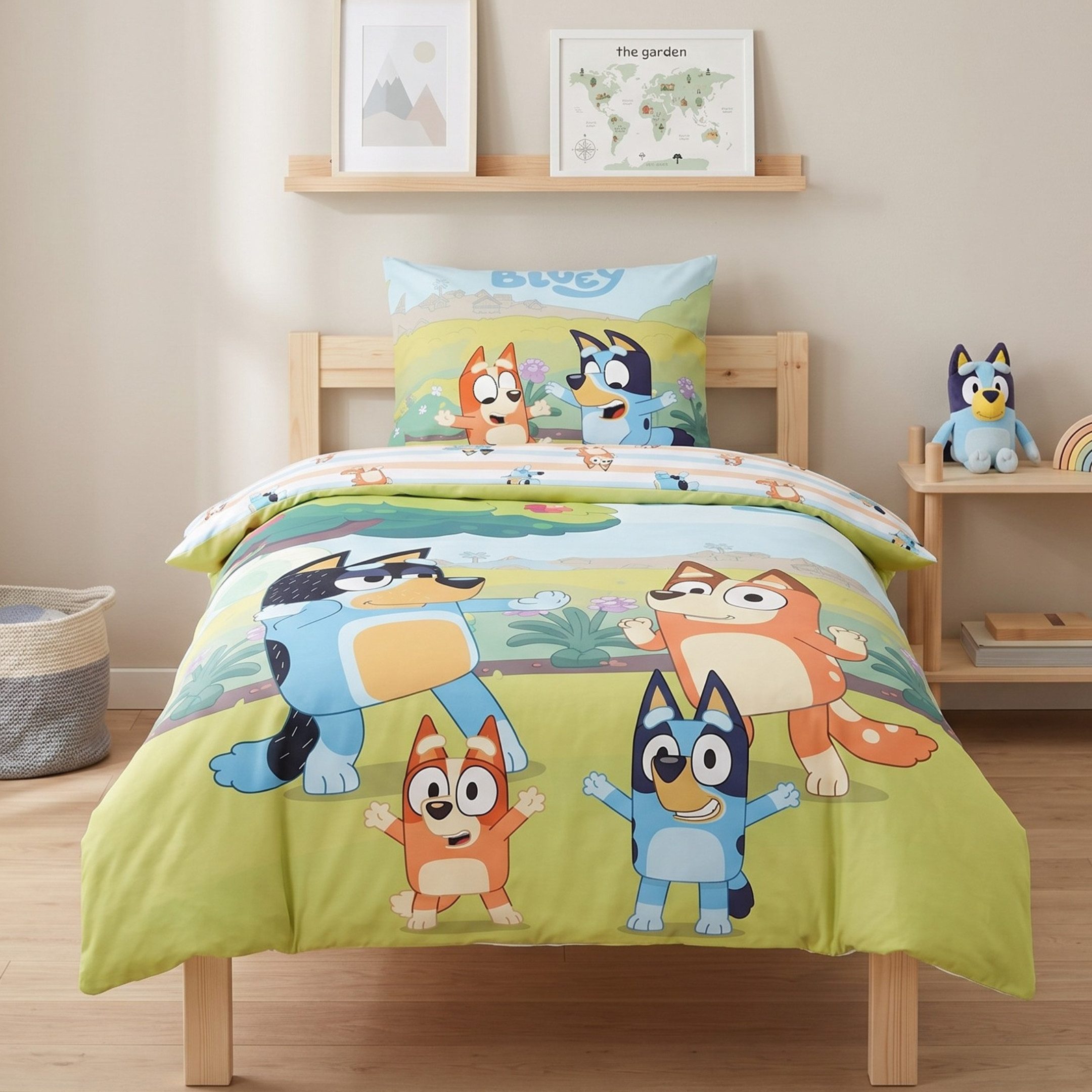 MTOnlinehandel Kinderbettwäsche Bluey Renforcé in 135x200 + 80x80 cm, Geschenkidee, 100% Baumwolle, 2 teilig, Wendebettwäsche für Mädchen und Jungen, Bingo & Bluey