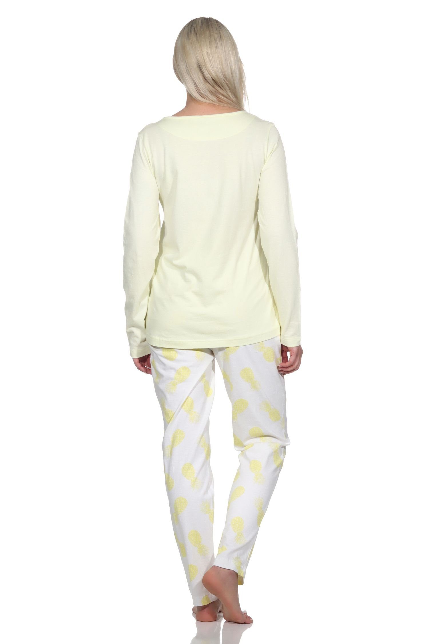 mit Normann Pyjama Damen als Motiv Langarm Ananas Schlafanzug gelb Homewear