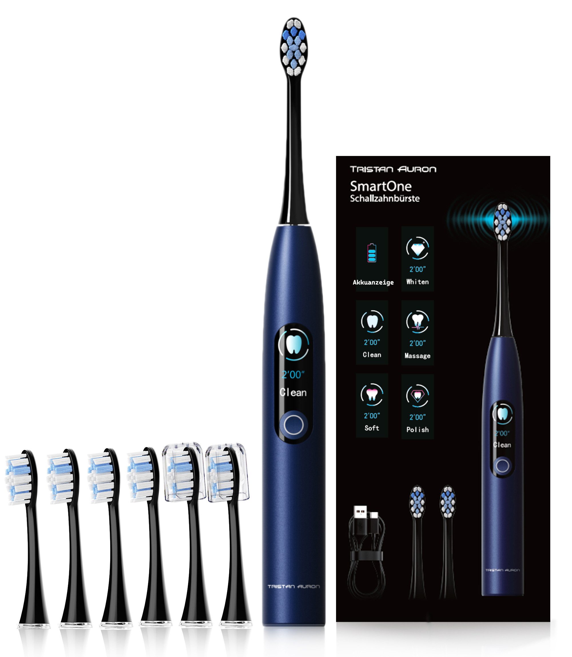Tristan Auron Schallzahnbürste Elektrische Zahnbürste-5 Modi-48 000 VPM-USB C,6-8 Wochen Akku, 48 000 VPM, Timer, Wasserdicht, Farbdisplay, automatische Abschaltung