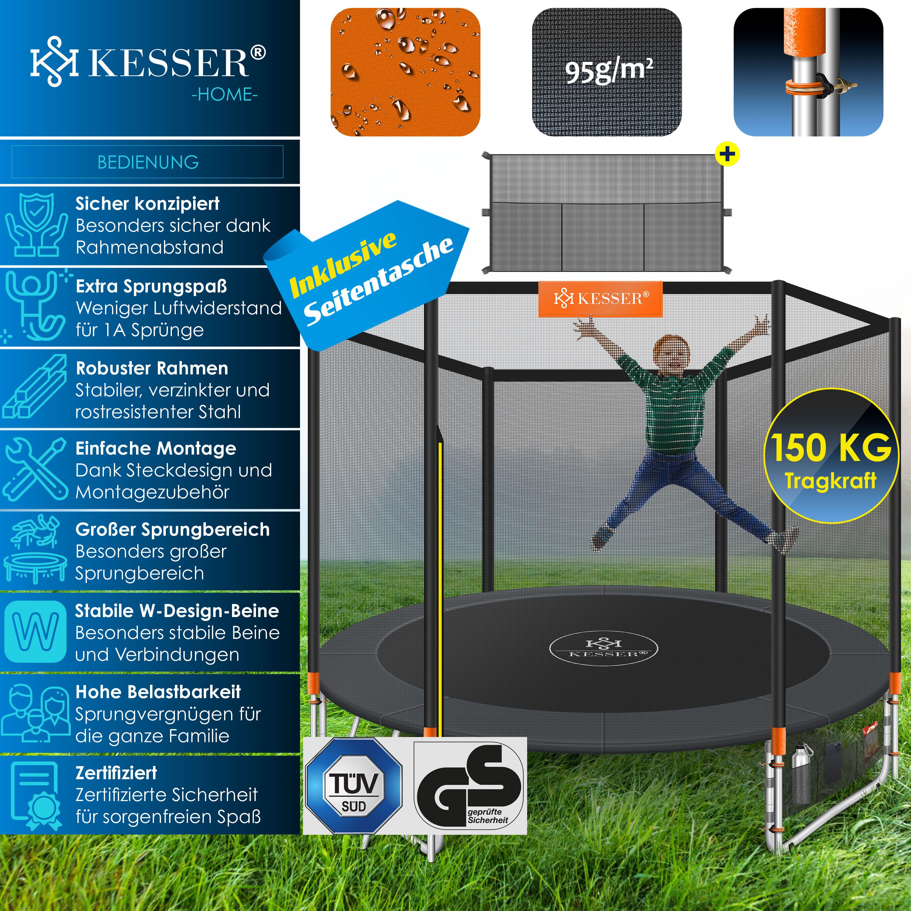 KESSER Gartentrampolin, Ø 305 cm, Trampolin TÜV Rheinland GS Zertifiziert Komplettset Sicherheitsnetz