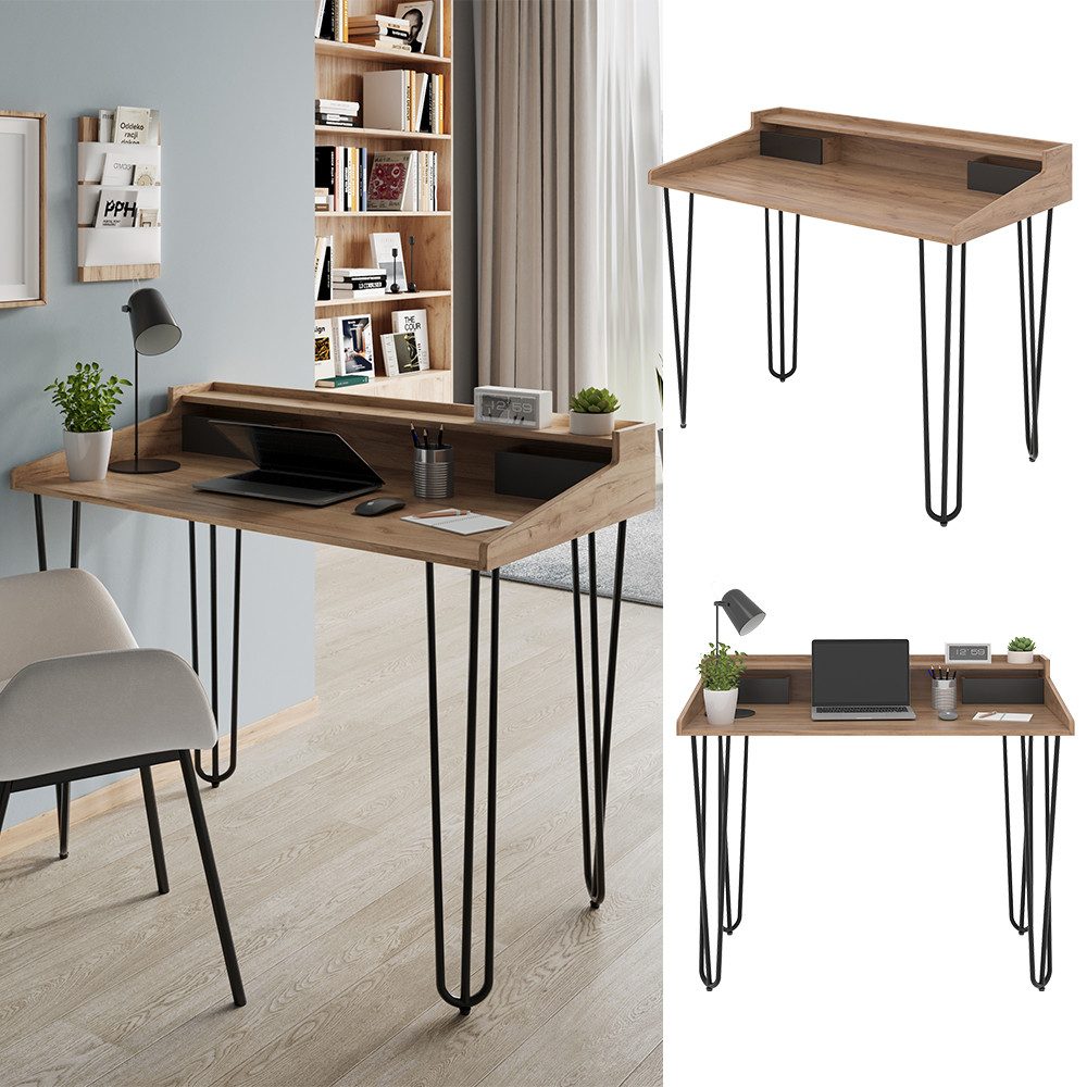 Vicco Schreibtisch Sannar, Eiche/Schwarz, 110 x 60 cm mit Schubladen günstig online kaufen