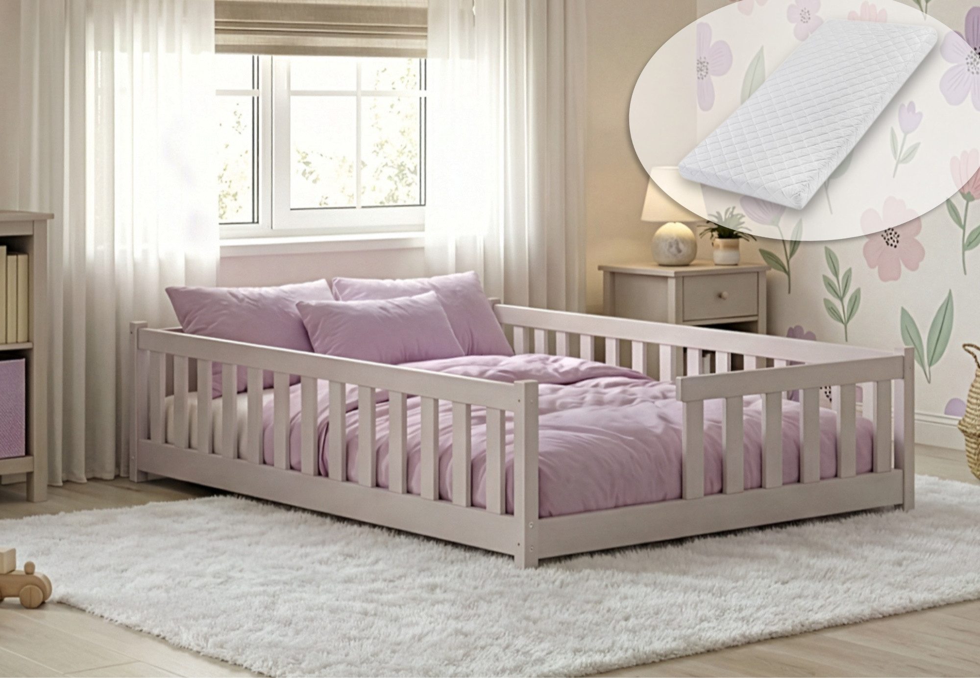 Kids Collective Kinderbett Bodenbett mit Rausfallschutz & Lattenrost Montessori Betten Kinder (Verfügbare Größen: 80 x 160, 80 x 180, 90 x 190, 90 x 200, 120 x 200, 140 x 200 cm), Jugendbett Einzelbett Kiefer mit Matratze Kaschmir 120x200 cm