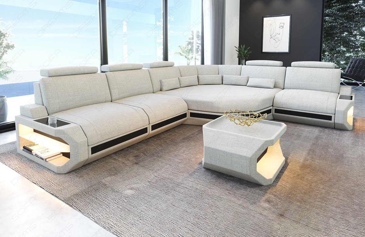 Sofa Dreams Ecksofa Stoff Polster Sofa Asti, L Form Stoffsofa mit LED, extra große Eck-Sitzfläche, Designersofa H1 Elfenbein-Schwarz