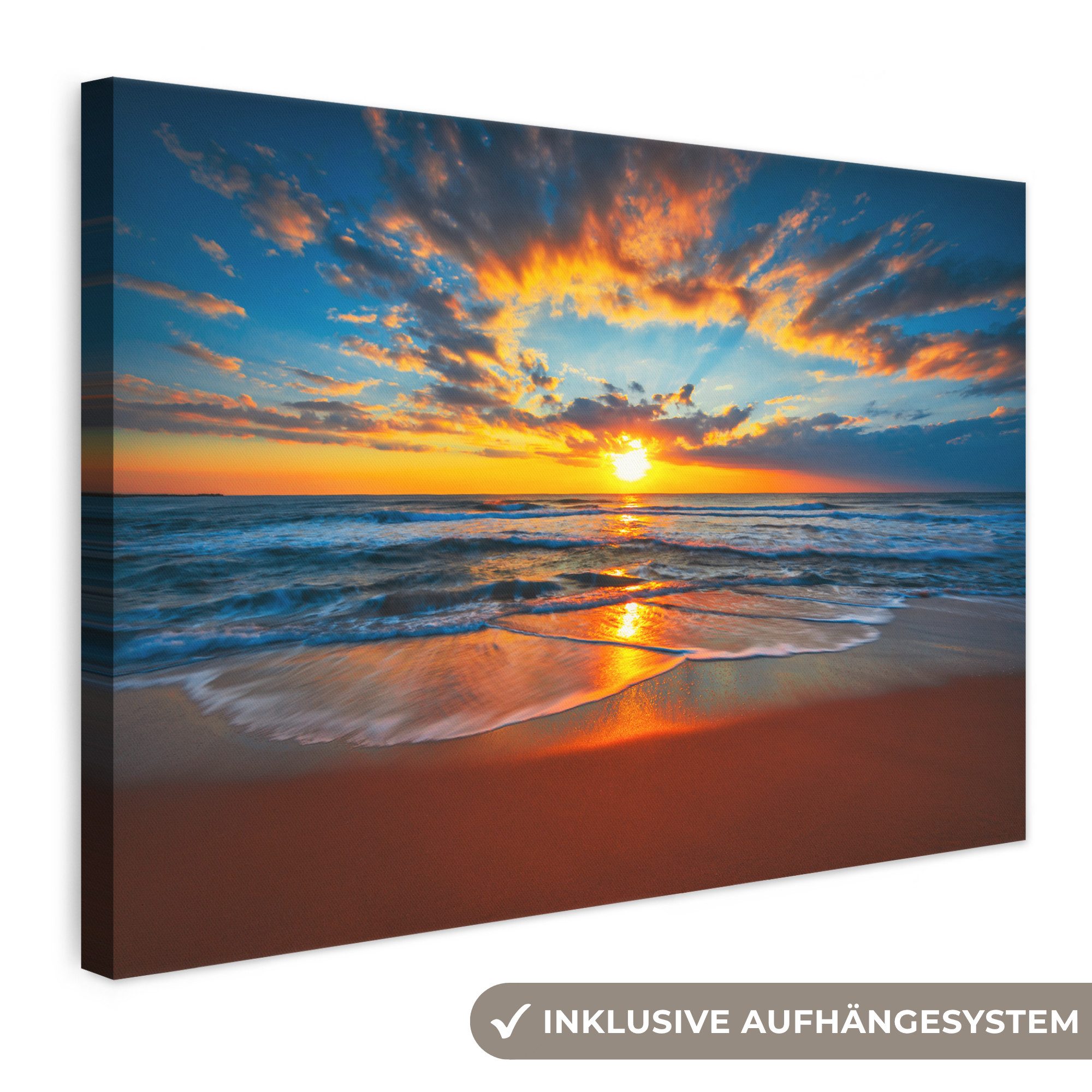 OneMillionCanvasses® Leinwandbild Meer - Sonnenuntergang - Strand - Wolken - Orange, Fotodruck (1 St), Leinwand Bilder Klein, Wand Dekoration Aesthetic 30x20 cm