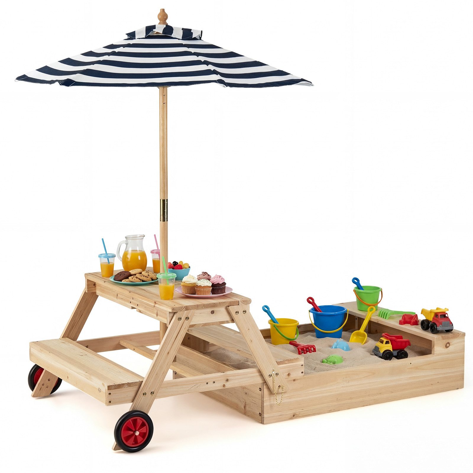 COSTWAY Sandkasten, Kinder Picknicktisch mit Sonnenschirm & Spielboxen, Holz