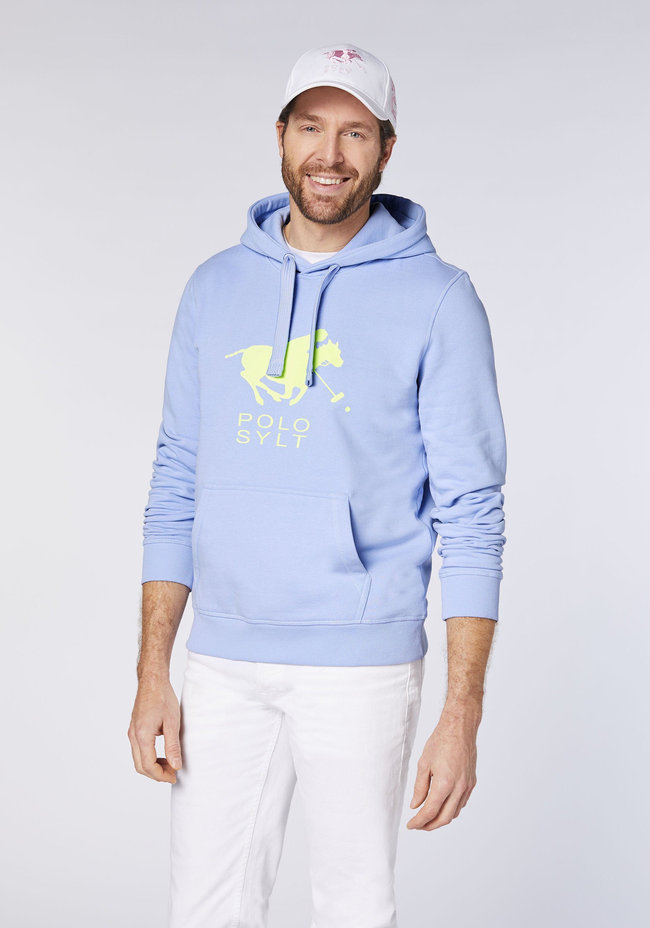 Polo Sylt Kapuzensweatshirt aus mit Label-Motiv Baumwollmix Brunnera Blue