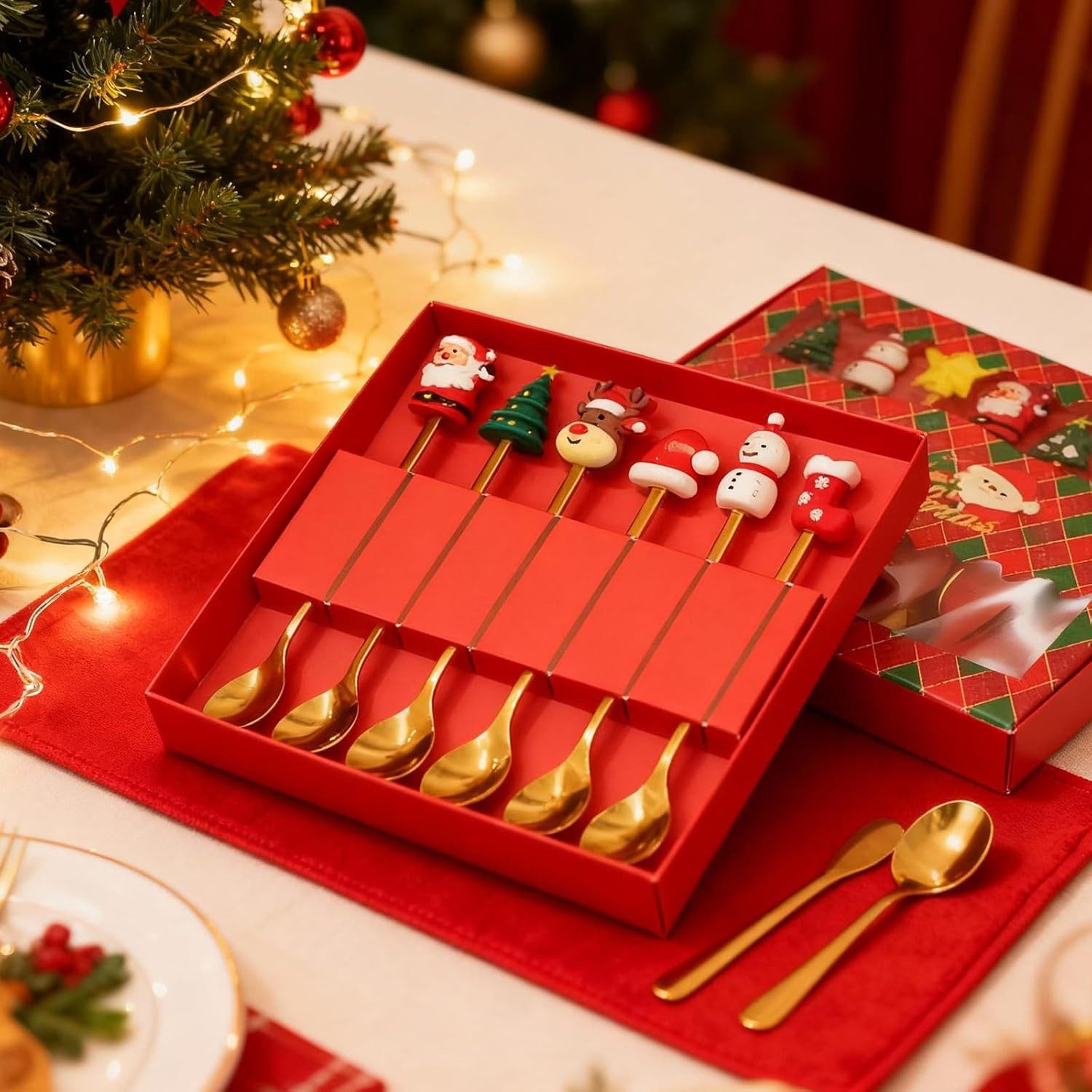 Coonoor Geschirr-Set 6 Stück Edelstahl Weihnachtslöffel Weihnachten Weihnachtsgeschirr Set, für Kaffee, Dessert & Weihnachtsgläser – Kleine Weihnachtsgeschenke