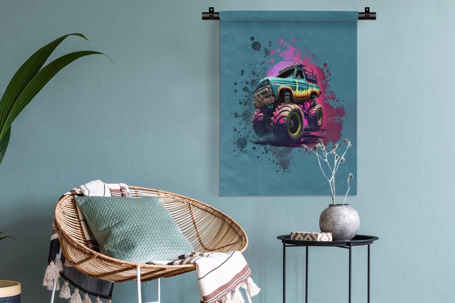 Schlafzimmer Tapisserie, - Monstertruck an Wohnzimmer, - MuchoWow Neon, Graffiti - Wand, Farbe für Rosa der Deko - Wanddekoobjekt