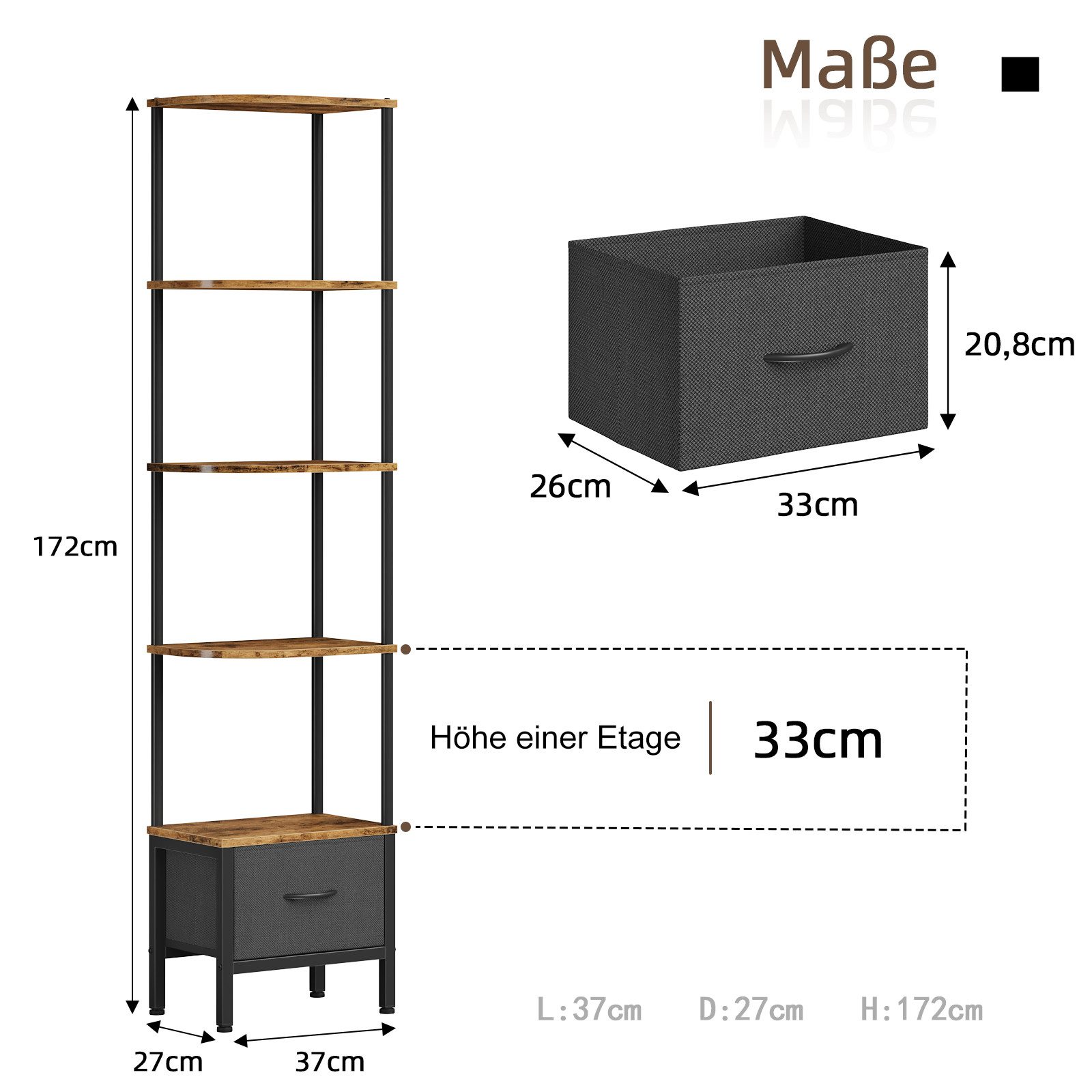 OYRREU Bücherregal Wohnzimmer, Homeoffice Eckenregal Höhe 172 cm, LED-Beleuchtung, Helligkeit & Farbe einstellbar, Regal, 1-Stk., Wohnzimmerregal, Stauraumregal 5 Fächern, App-gesteuert, 5 Ebenen, schmal, Aufbewahrungsregal