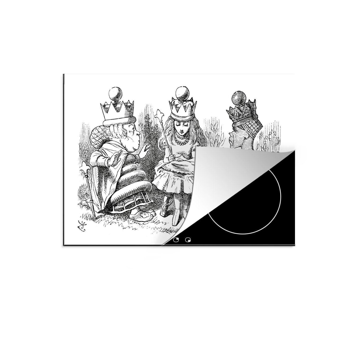 MuchoWow Herdblende-/Abdeckplatte Vintage-Illustration schwarz, im - (1 Mobile Ceranfeldabdeckung Arbeitsfläche Vinyl, tlg), den cm, Alice nutzbar, mit Königinnen 70x52 Gespräch