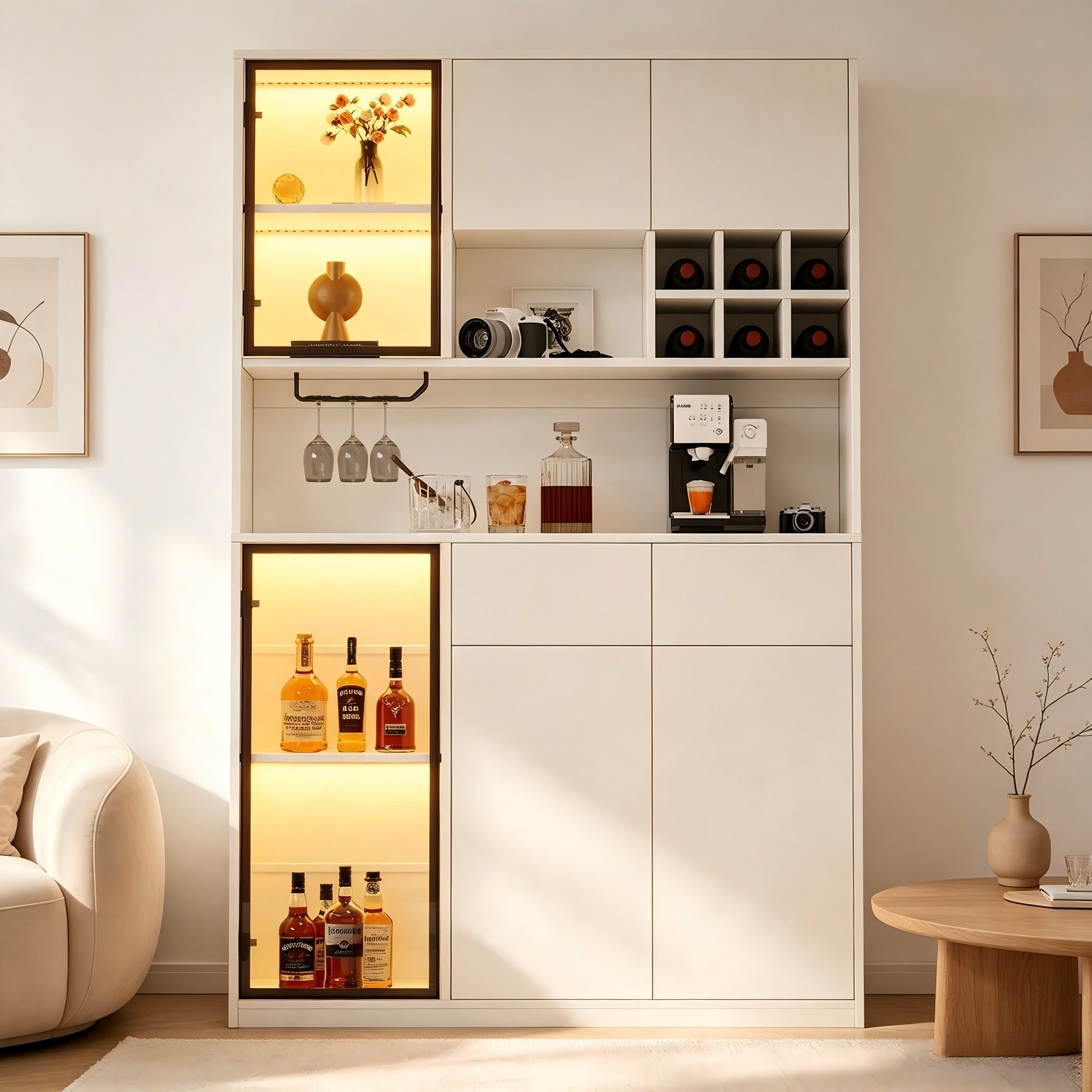 Merax Vitrine mit LED-Beleuchtung, verstellbaren Einlegeböden & gehärtetem Glas (Standvitrine Buffetschrank Glasvitrine 120× 33 × 200 cm, 1-St) Hochschrank 6 Türen, 2 Schubladen, offenen Fächern & Weinschrank