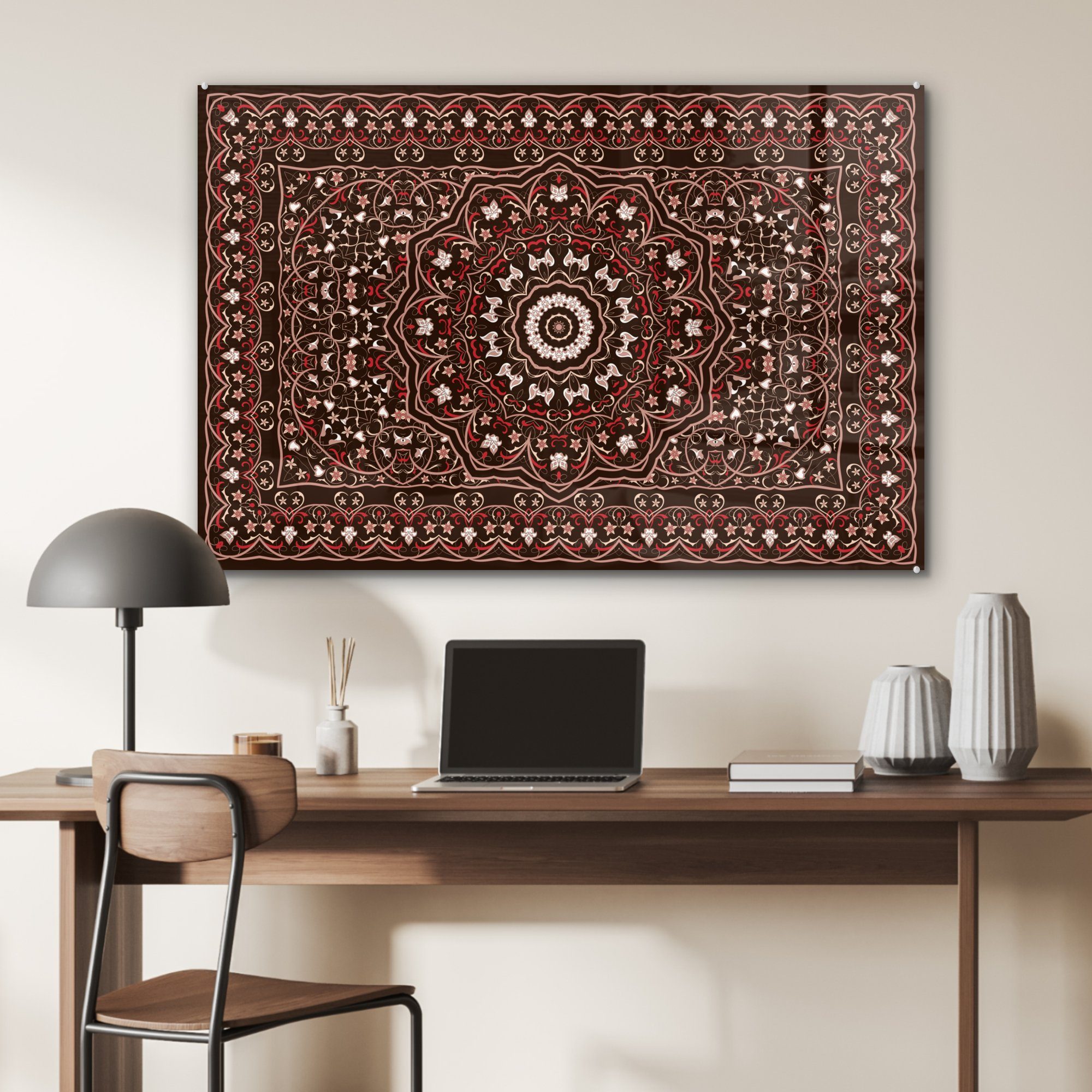 Acrylglasbild - (1 Mandala - St), Rot, Wohnzimmer Muster Teppich - Acrylglasbilder & MuchoWow Schlafzimmer