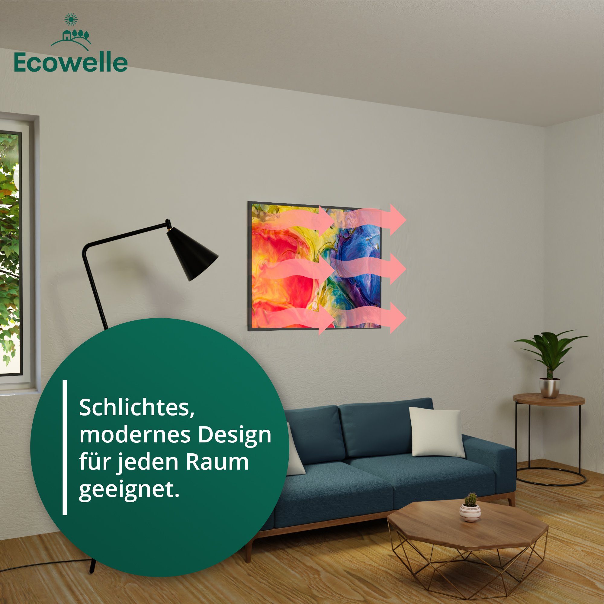 Ecowelle Infrarotheizung Elektroheizung + Wifi in Watt App Germany Made SCHWARZ Thermostat, 350-1200