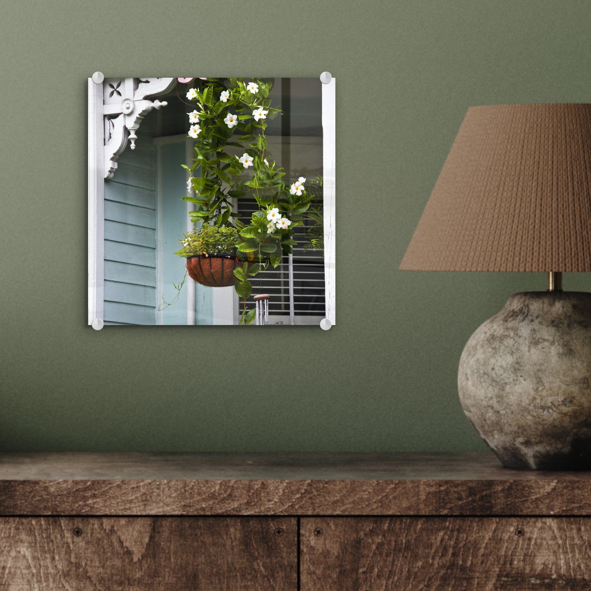 Acrylglasbild Hängepflanze auf (1 St), - auf - Wanddekoration auf Bilder Wandbild Glas Glas MuchoWow der Veranda, Glasbilder Foto -