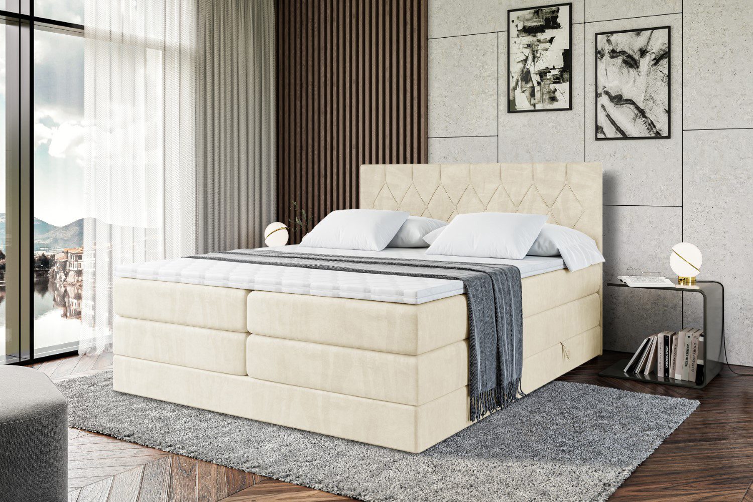 ALTDECOR Boxspringbett VELANTO-BZ KING (mit Matratze und Lattenrost Topper Polsterbett mit Bettkasten Boxbett), H4 Multipocket, H3 Bonellfederung, Doppelbett Springboxbett