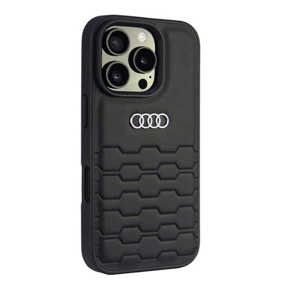 Audi Handyhülle iPhone 16 Pro Kunstleder schwarz Logo Metall 6,3 Zoll, Kantenschutz
