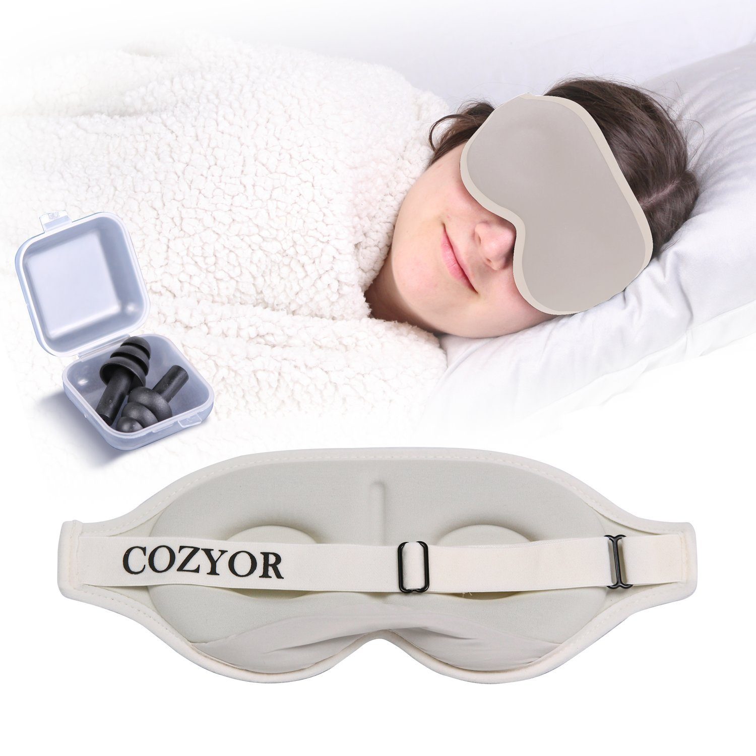 Cozyor Schlafmaske 100% Blackout-Effekt 3D Augenmaske mit ergonomischem Design, Reiseset klein & kompakt beige Driftwood, Schlafmaske mit wiederverwendbaren Ohrstöpseln, extra Polsterung und variable Passform