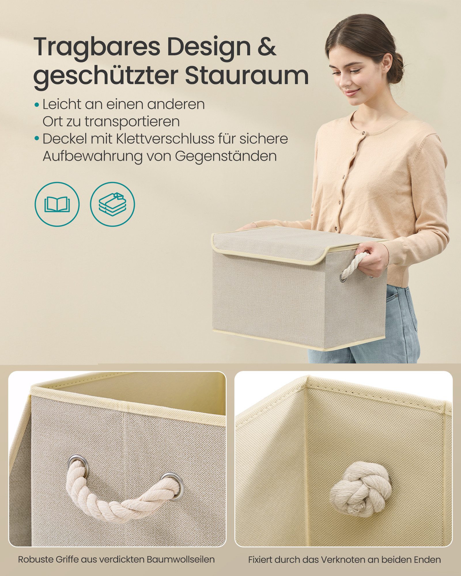 SONGMICS Aufbewahrungsbox 3er Set Stoffboxen klappbar, 38 x 25 x 25 cm, für Schlafzimmer, Wohnzimmer, mit Deckel, Griffe – Bild 4 von 5