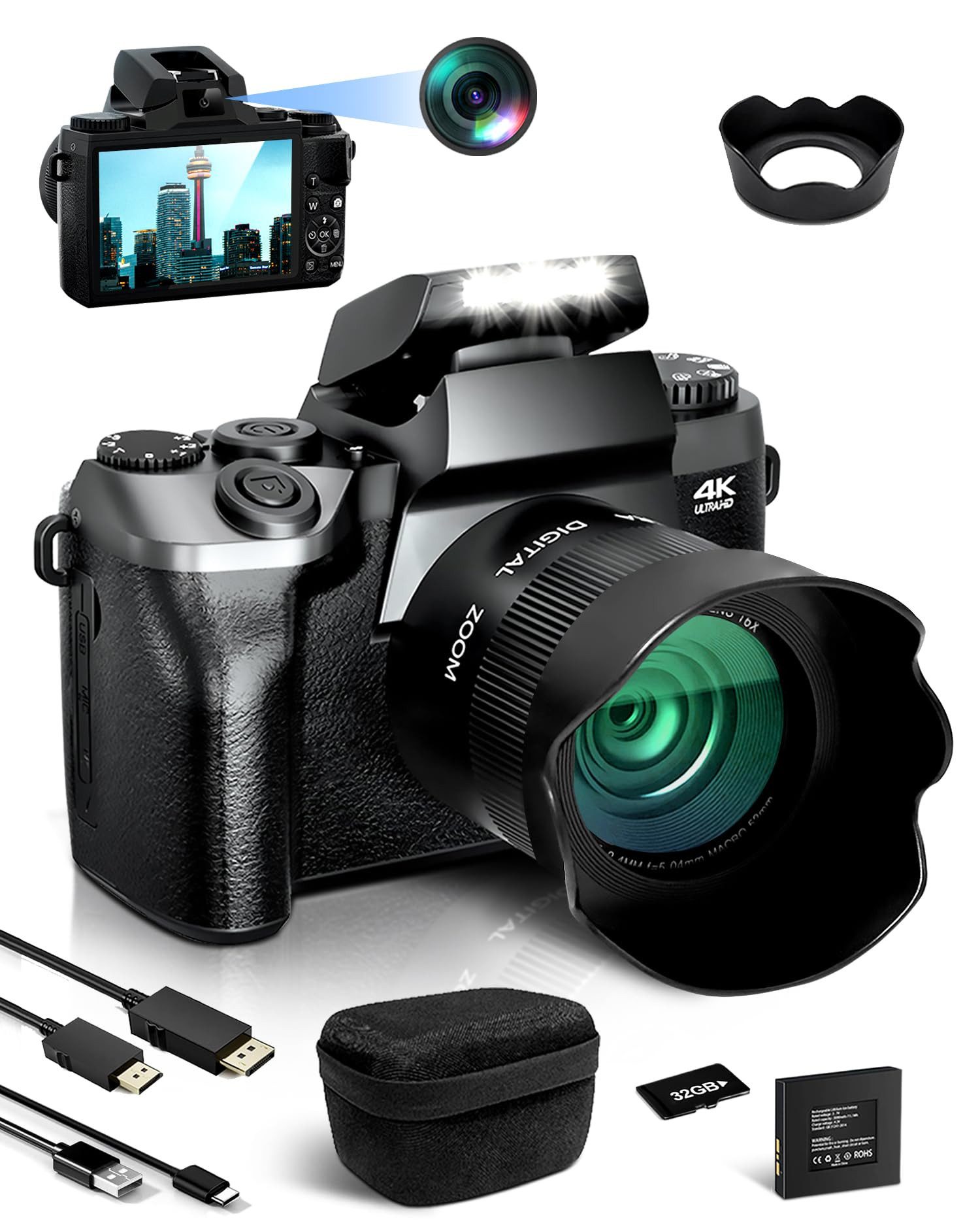 Fine Life Pro Digitalkamera 4K 64MP Fotokamera mit 4.0" Touchscreen, Kompaktkamera (inkl. 16X Digitalzoom Kompaktkamera Mit Selfie-Frontkamera für Anfänger, mit Kameratasche, Haube, 64GB TF-Karte (Doppellinse)