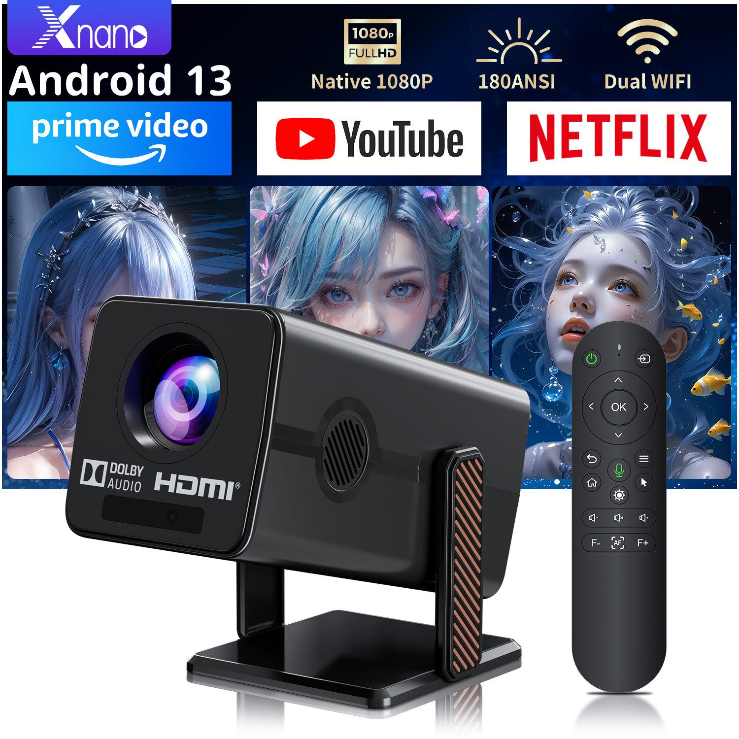 XNANO HM103 Projektor, Android 13, Full HD 1080P, 230 ANSI, WiFi, BT5.2 Mini-Beamer (230 lm, 1000:1, 1920 x 1080 px, Autofokus, Weltmeisterschaft jederzeit und überall anschauen)
