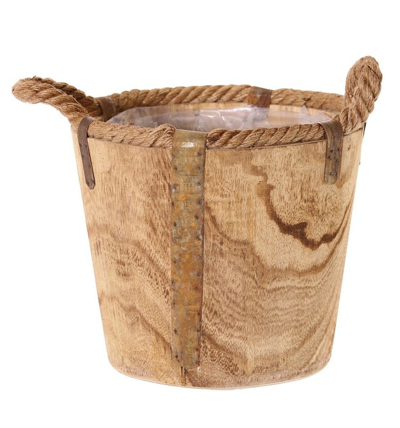 artplants Blumentopf Holz Übertopf DABIH mit Griffen aus Seil, braun, 22cm, Ø24cm