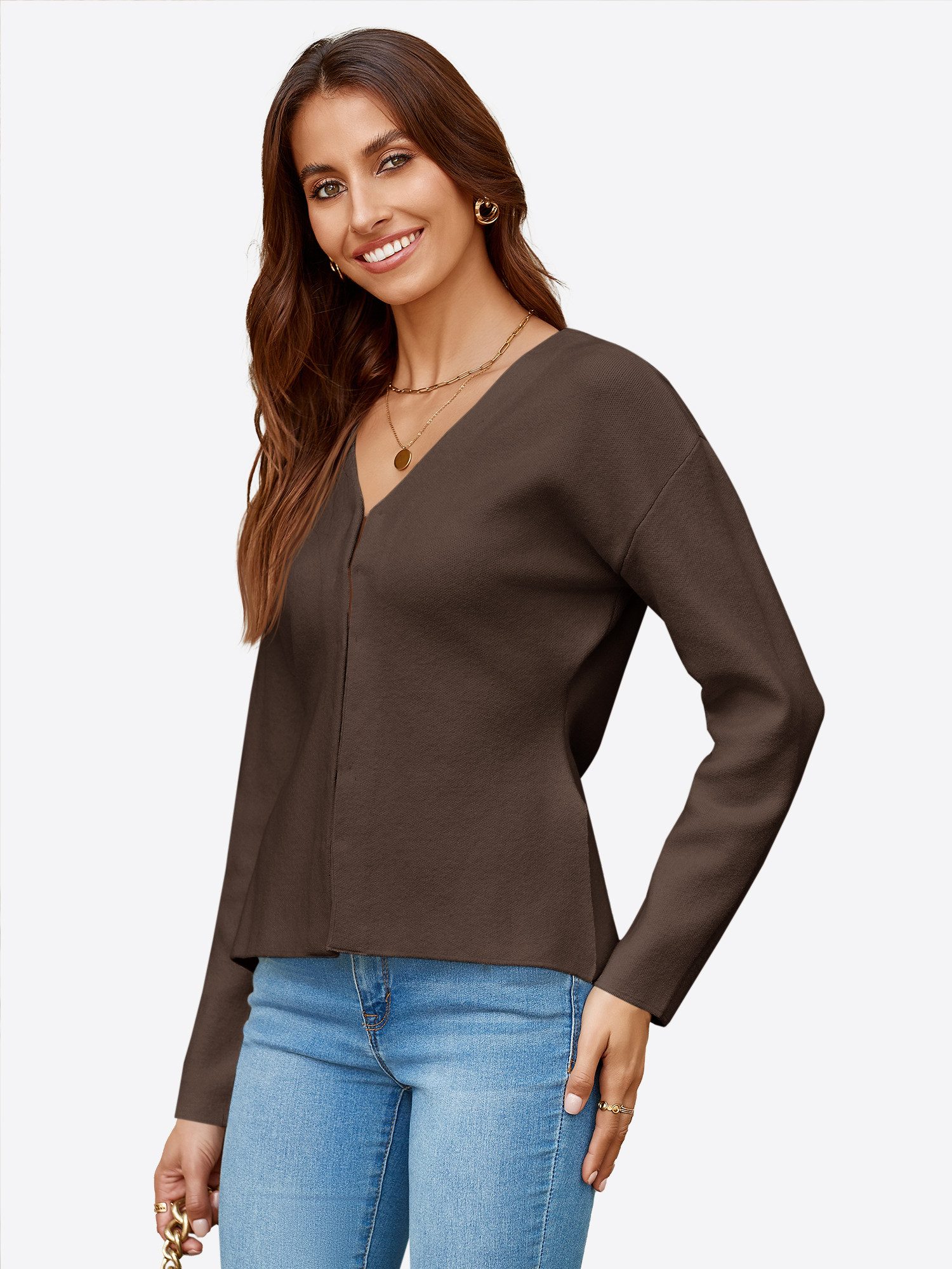Imily Bela Cardigan Damen-Strickjacke mit V-Ausschnitt und Hakenverschluss günstig online kaufen