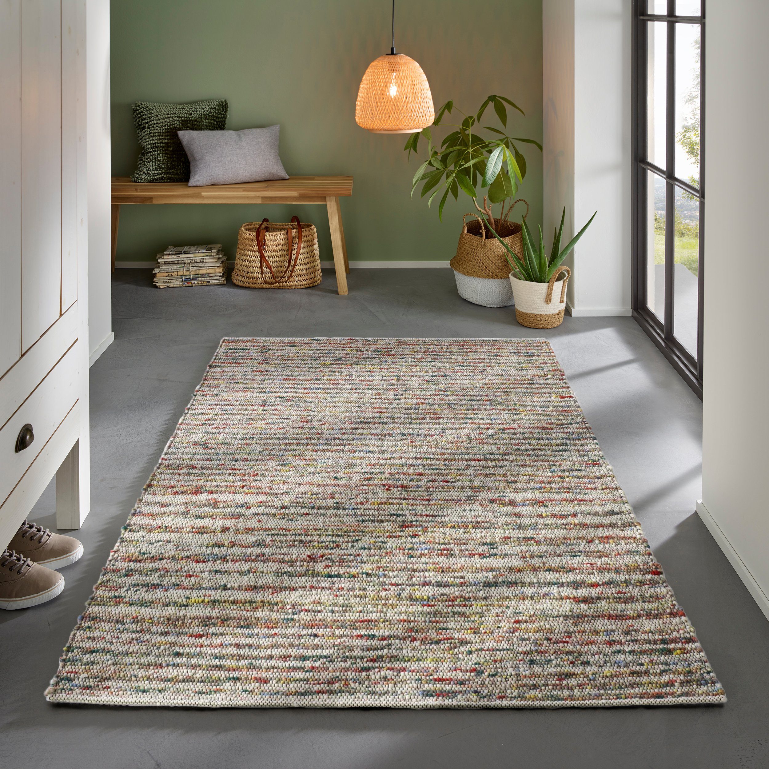 TaCa Home Wollteppich Gewalkter Handweb Woll-Teppich mit schwarzer Kette, rechteckig, Höhe: 9 mm, nachhaltige Schurwolle Wohnzimmer Schlafzimmer, Multi - 130 x 190 cm