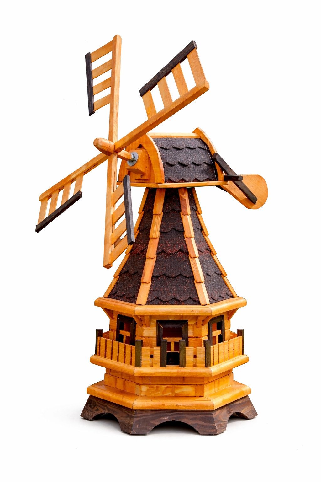 Holzdekoladen Deko-Windrad Gartenwindmühle Holz mit Solarlicht Weiß – drehbare Flügel 99 cm