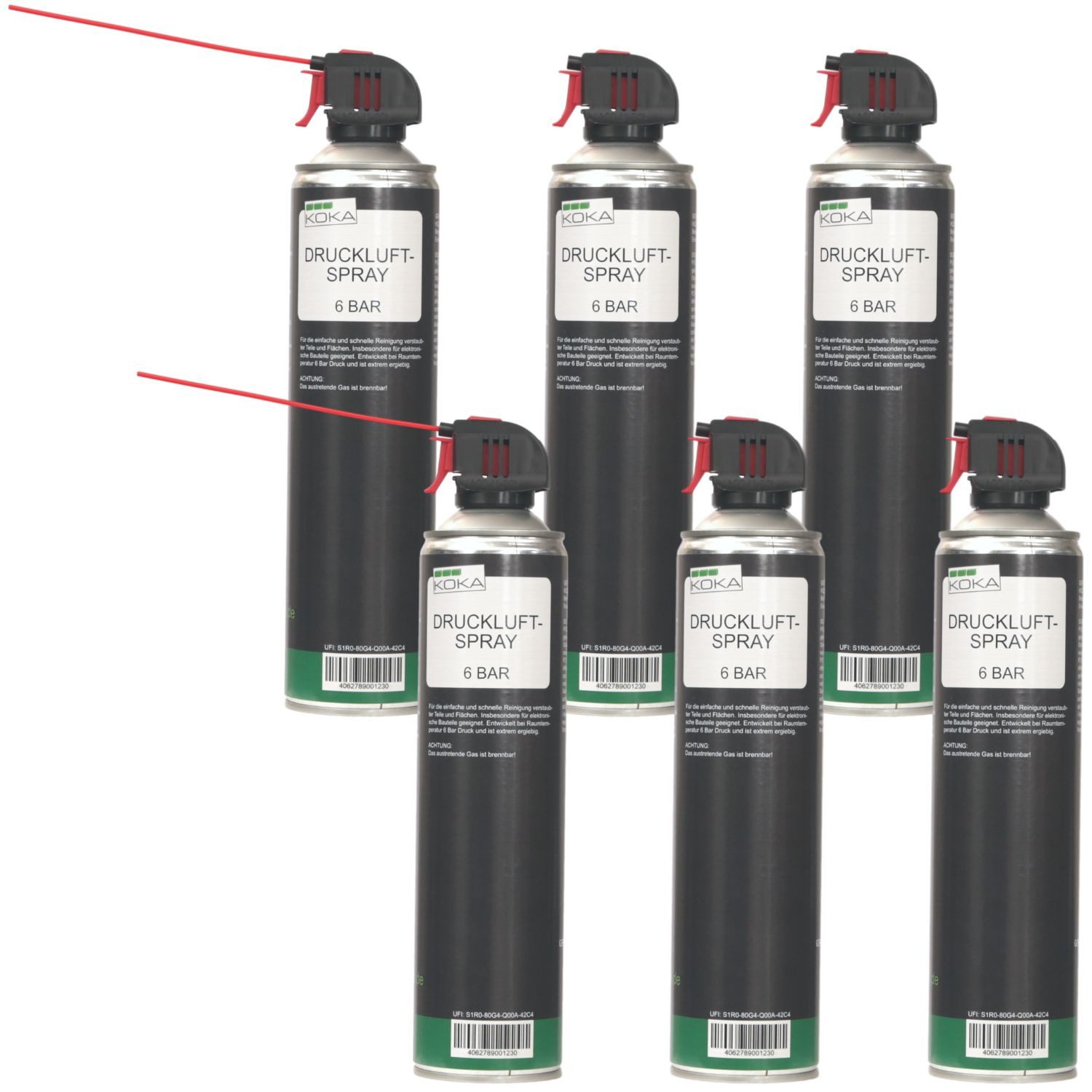 KOKA 6x Set Druckluft-Spray 6 Bar Allzweck-Reiniger Druckluftreiniger (Spar-Set, [- 6x 600ml Spraydose Druckreiniger Trocken-Reinigung Druck-Gas für PC Tastatur Handy Foto)