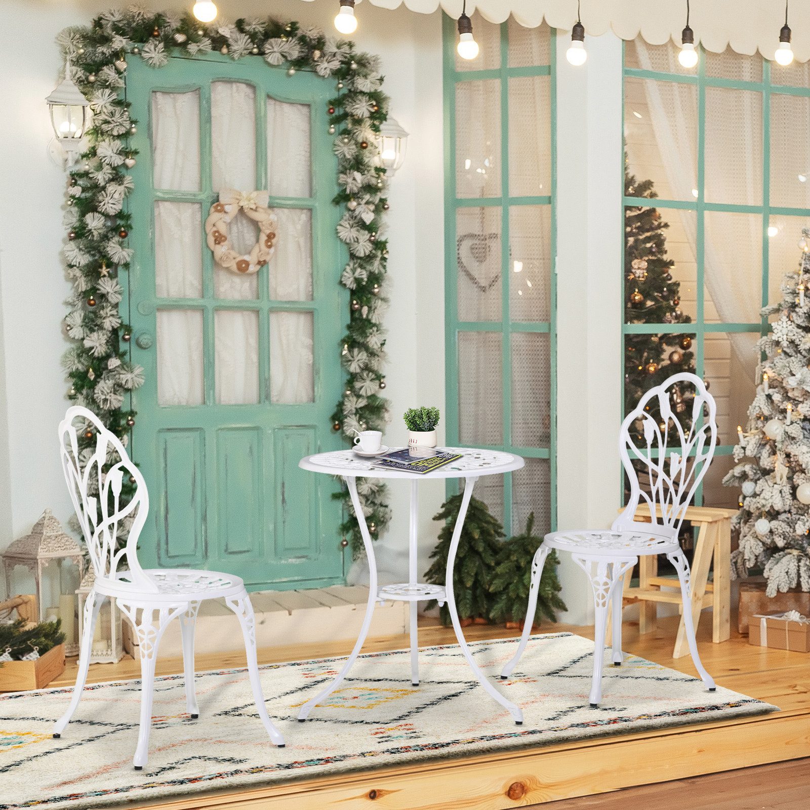Outsunny Balkonset Bistro-Set mit geschnitztem Design, Sitzgruppe mit Gartenstühlen, (Balkonmöbel Set, 3-tlg., Gartenmöbel-Set), Aluminium Weiß Ø60 x 67H cm