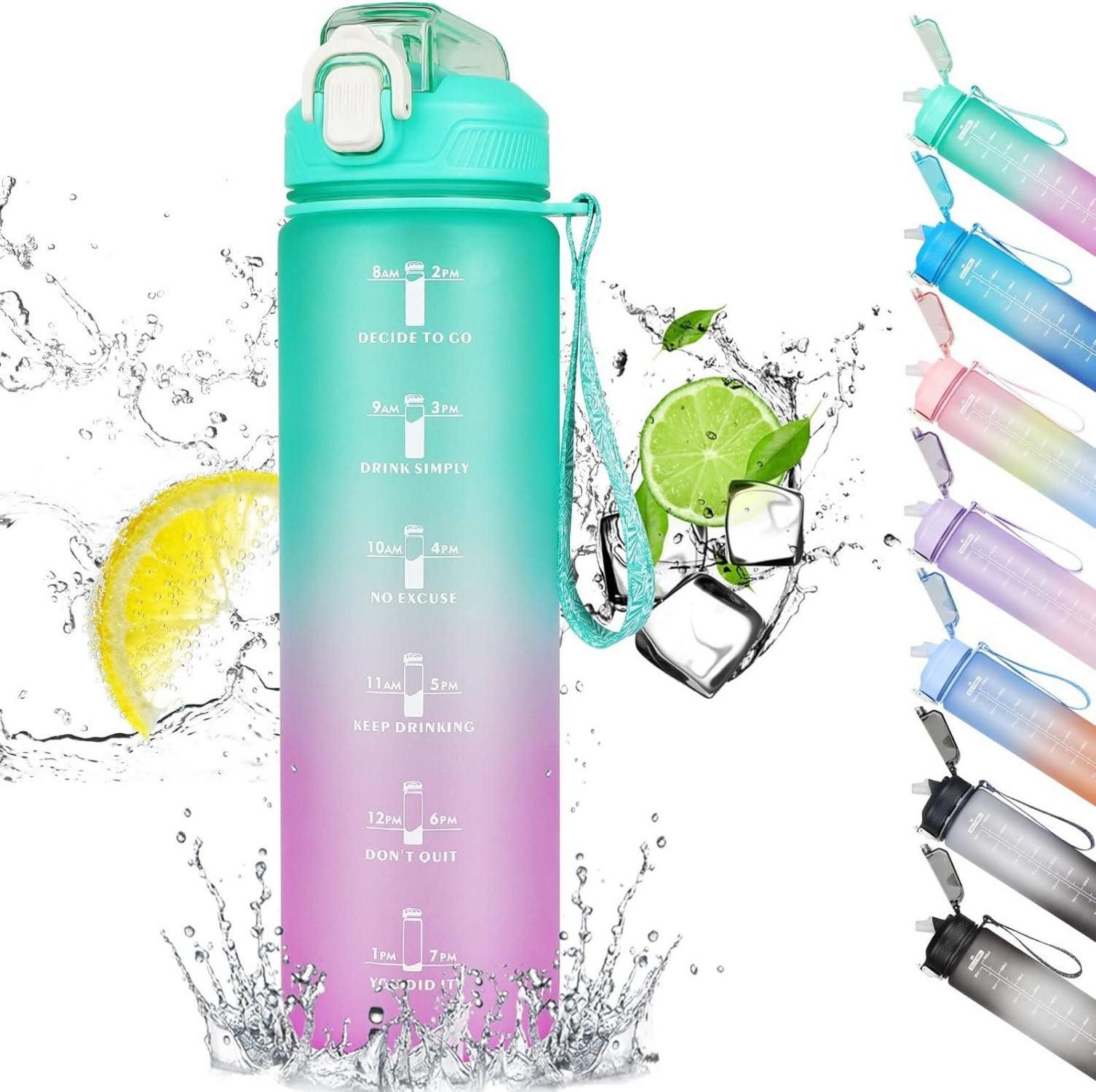 Becher Trinkflasche 1L Sport mit Strohhalm, Zeitmarkierung, BPA-frei