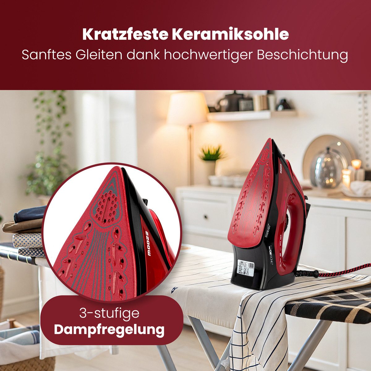 CLATRONIC Dampfbügeleisen DB 3752, kratzfeste Keramiksohle, 7 Funktionen, 2200 Watt