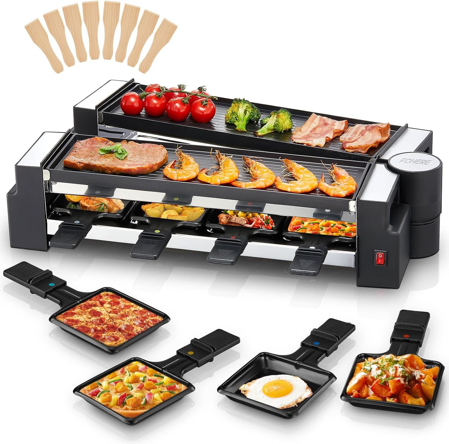 FOHERE Raclette Drehbarer Raclette Grill 8 Personen mit Backplatte und 8 Käseplatten, 8 Raclettepfännchen, 1400 W, 1400-W Heiztechnologie mit einfacher Tastensteuerung